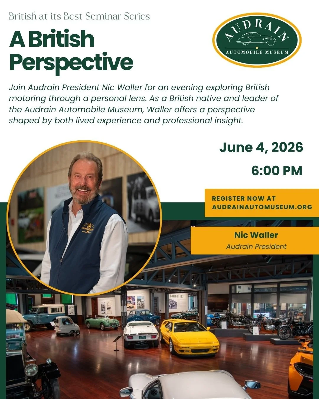 Join us for the first installment of the British At Its Best Seminar Series: A British Perspective with Nic Waller! 🇬🇧🏎️ 

Guests can expect to enjoy an evening with Audrain President Nick Waller as he shares his personal perspective on British ca