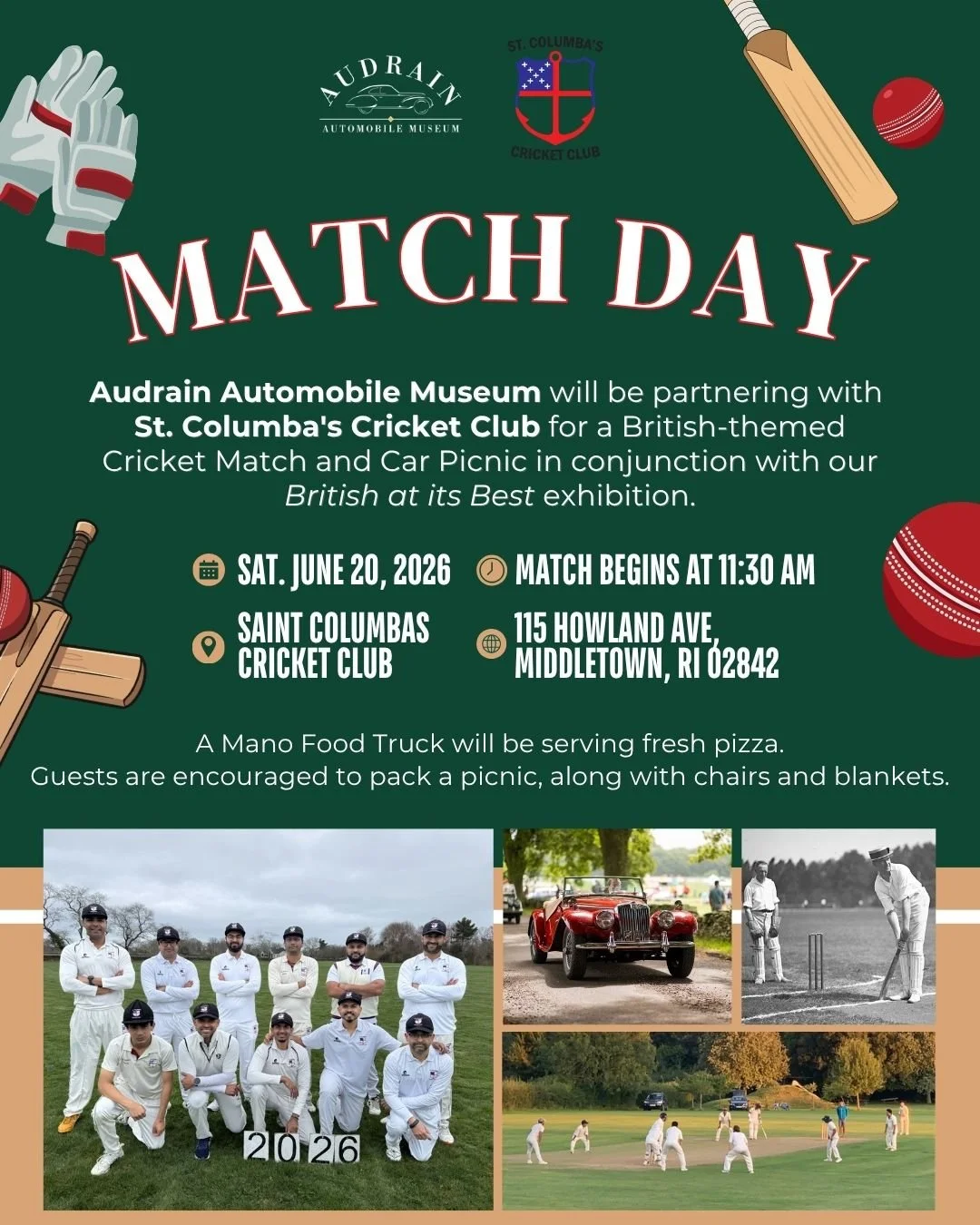 It wouldn't be British at its Best if it didn't involve CRICKET! 🏏 Join us for a special Audrain Match Day on Saturday, June 20 at 11:30am at St. Columbas Cricket Club ✨ 

👉 Attendees are encouraged to bring blankets and chairs, for a lovely picnic