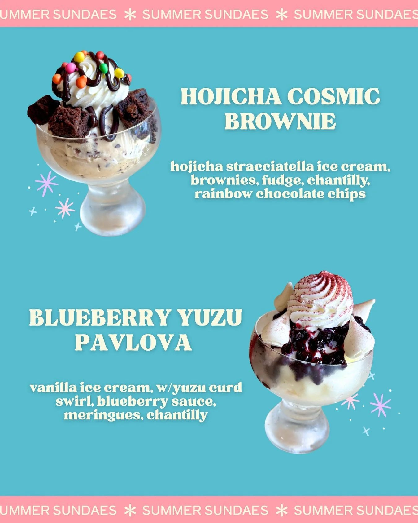 New summer sundaes!! 🤩

Savoring the last of summer with these delicious sundaes!! Very very excited to debut these new flavors 💕

They&rsquo;ll be available every day we&rsquo;re open, for the rest of the month! Won&rsquo;t be here long, so don&rs