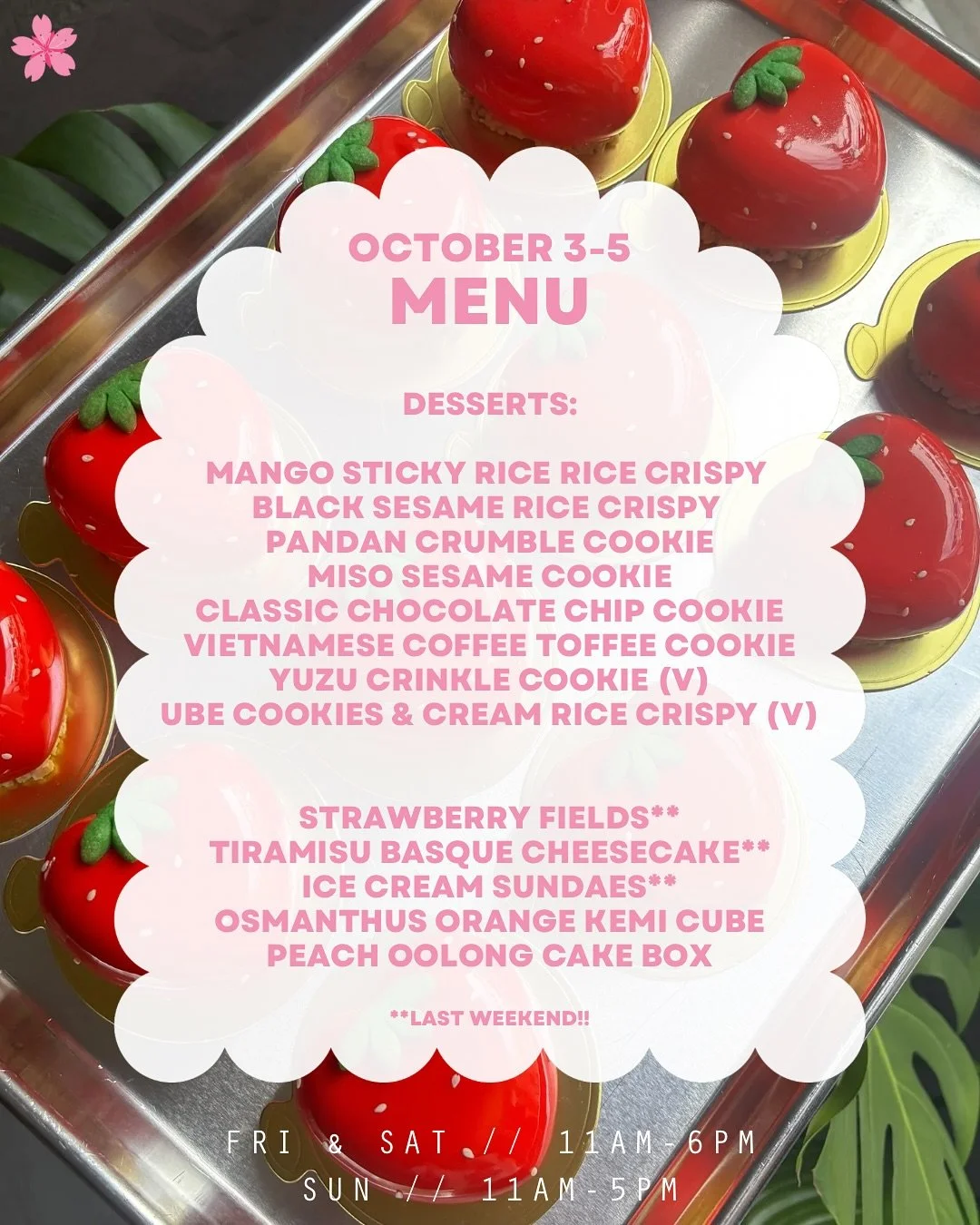 10/3-10/5 menu!!! Last weekend for quite a few desserts + ALL the summer drinks (swipe to see those) 

Looking forward to having you all in the shop. See ya soon!! 🤩