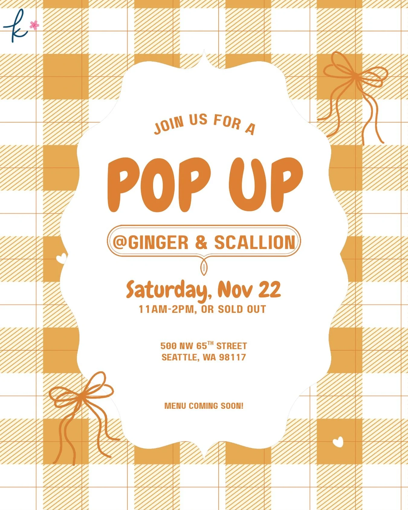 POP UP AT GINGER &amp; SCALLION THIS SATURDAY ✨ BE THERE OR BE SQUARE!!!! 

That&rsquo;s right. We&rsquo;re comin in hot with another pop up on a chilly day but there will be (not too) sweet desserts and even hotter soups. It&rsquo;s gonna be a good 