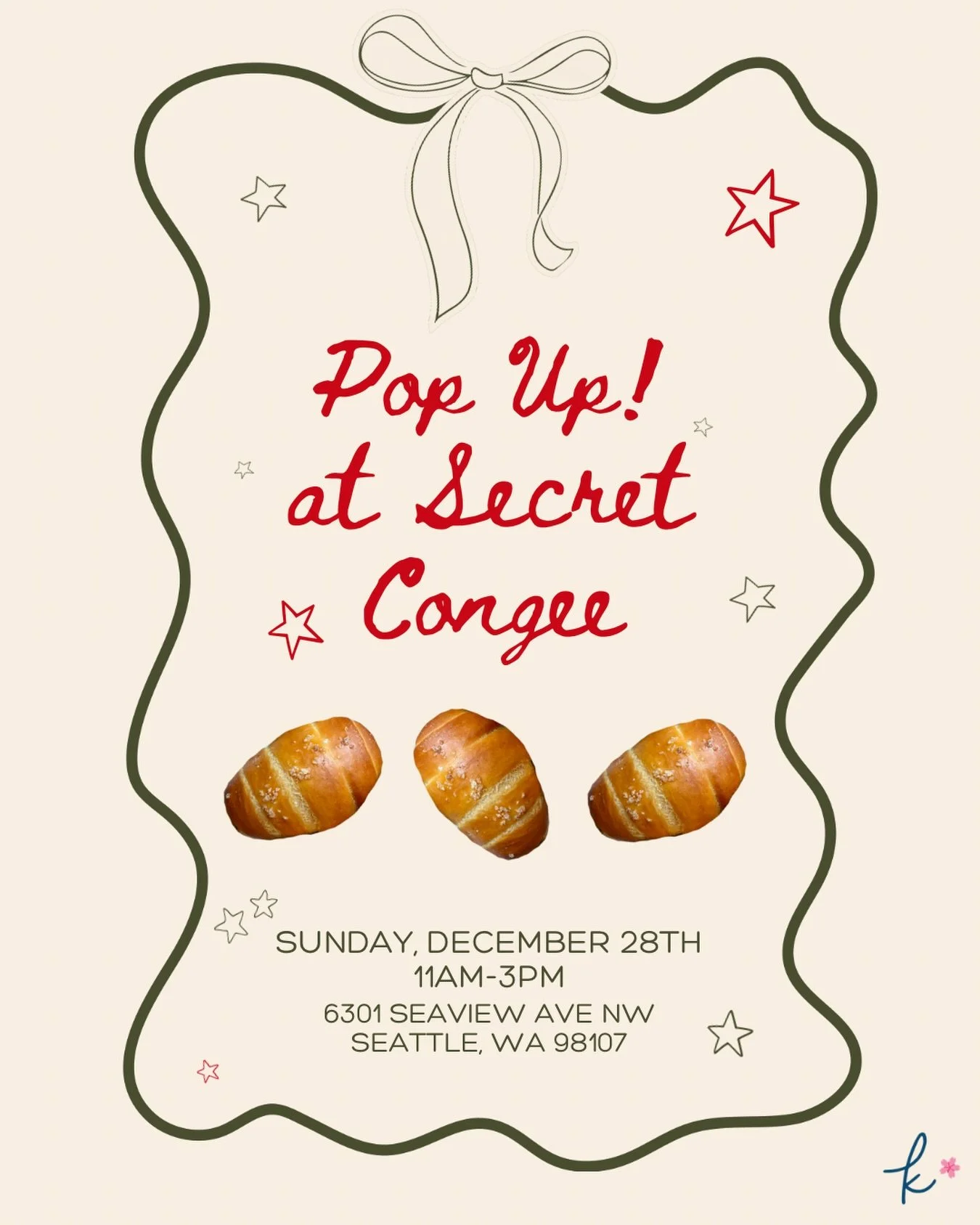 Last pop up of 2025 🎉✨

Join us at @secret.congee on Sunday, 12/28 for a (not too) sweet afternoon! We&rsquo;ll be bringing lots of delicious desserts and everyone&rsquo;s new fave, salt bread. 

Let&rsquo;s end the year strong!! See you there 🤩

(