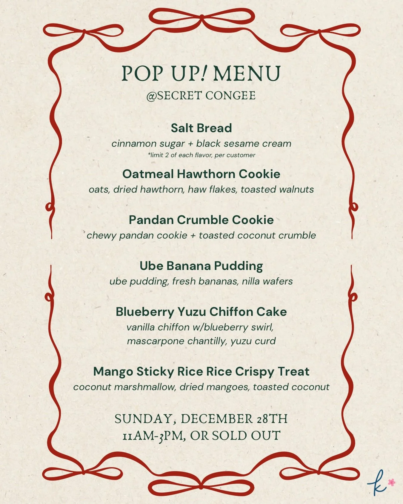 See you this Sunday at @secret.congee !!! 🎉

Sunday will be the last day of desserts for the year! So hope you can stop by the pop up or the shop (open 10am-5pm). Don&rsquo;t miss out on some awesome desserts!! See you soon ✨