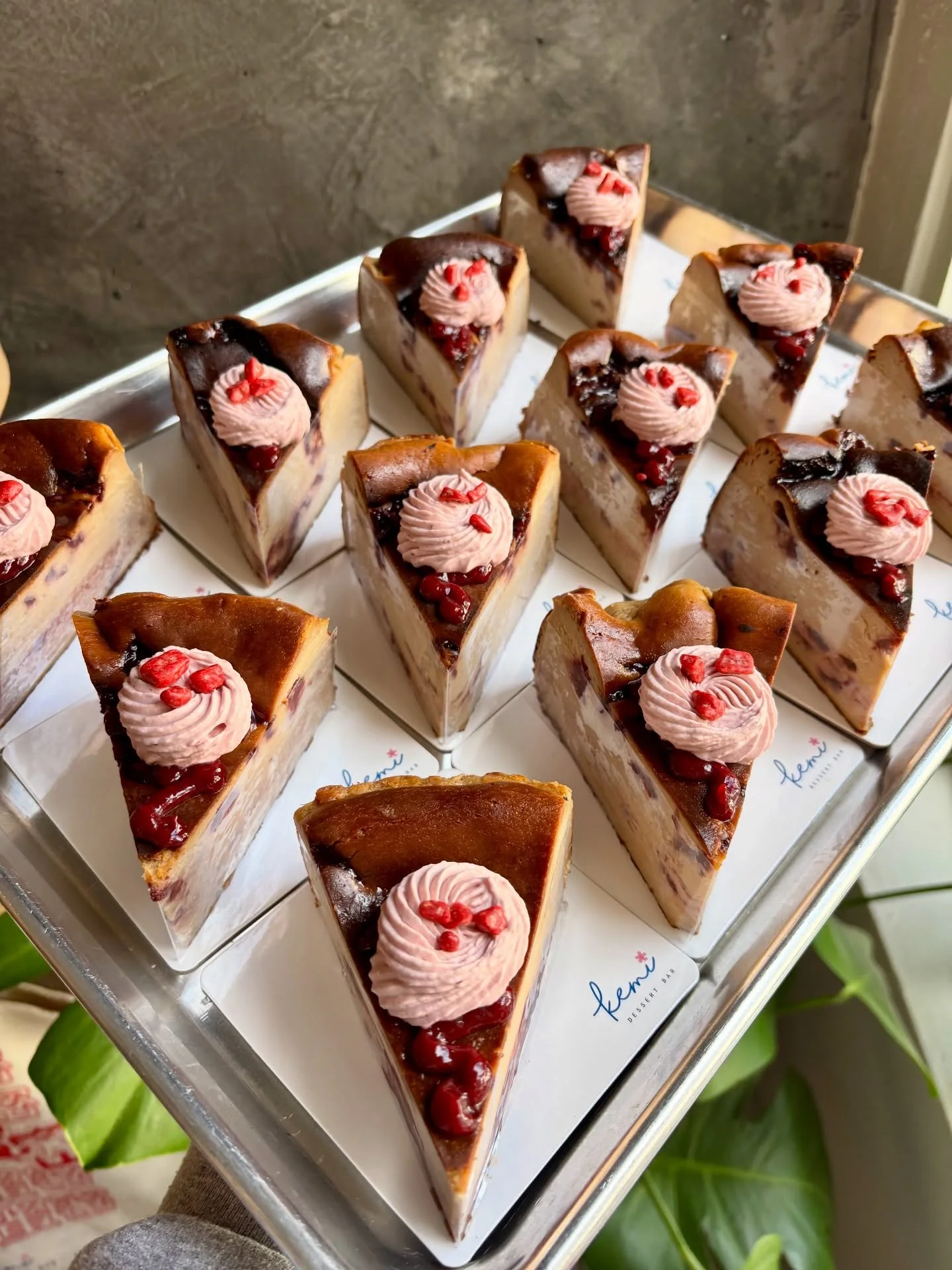 Strawberry milk tea basque 🍓

This month&rsquo;s cheesecake flavor is a tribute to one of my favorite boba orders! It combines an ultra smooth and aromatic earl grey cheesecake base with swirls of tart and fruity strawberry compote, all adorned with
