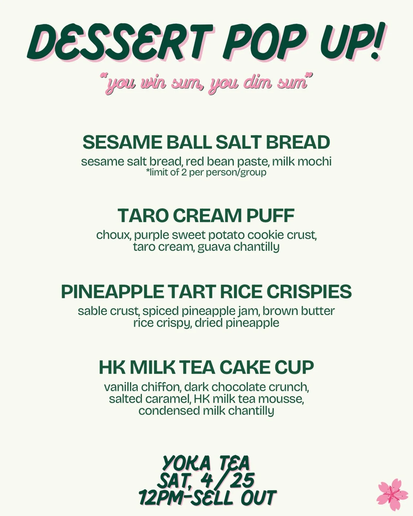 KEMI x YOKA MENU!!!

So thrilled to be bringing desserts inspired by my favorite dim sum sweets to @yokateaofficial this Saturday, 4/25!!

I love all the desserts on my menus, but this menu has me particularly excited! I love dim sum!!! Sesame balls,