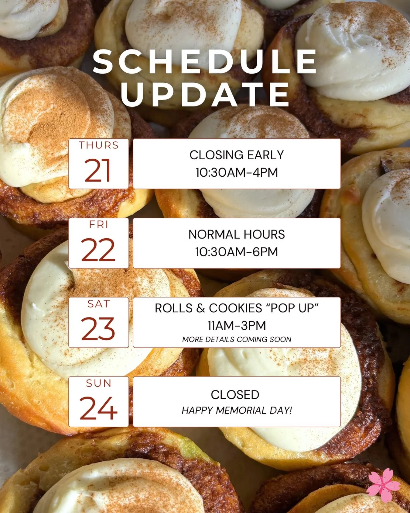 MAY UPDATE! 🚨

We&rsquo;ll be a bit short staffed, so it won&rsquo;t be business as usual this week. We&rsquo;ll be serving up our usual delicious menu on Thurs &amp; Fri. 

The only major change is that we&rsquo;ll be having a &ldquo;pop up&rdquo; 