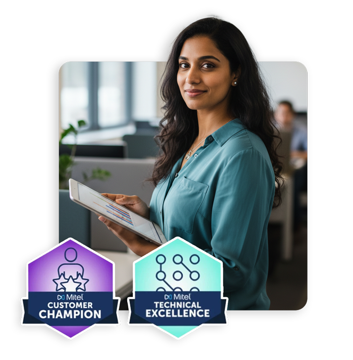 IT Professional woman with a tablet and Mitel badges for Customer Champion and Technical Excellence