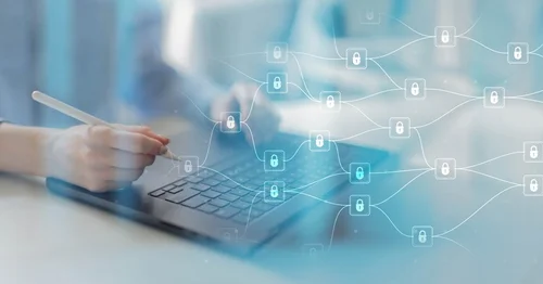 Cybersecurity concept with digital shield and network protection graphics