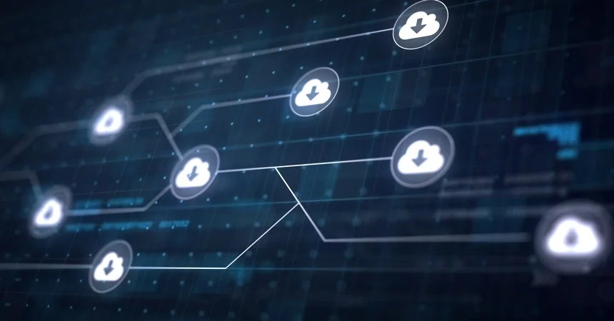 Abstract digital graphic of cloud network connections and download icons
