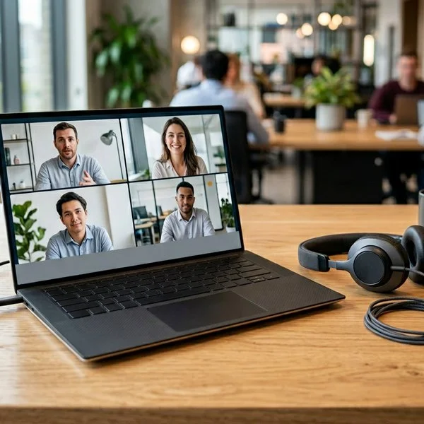 Laptop showing a business video call on a desk with a headset in a modern office environment.