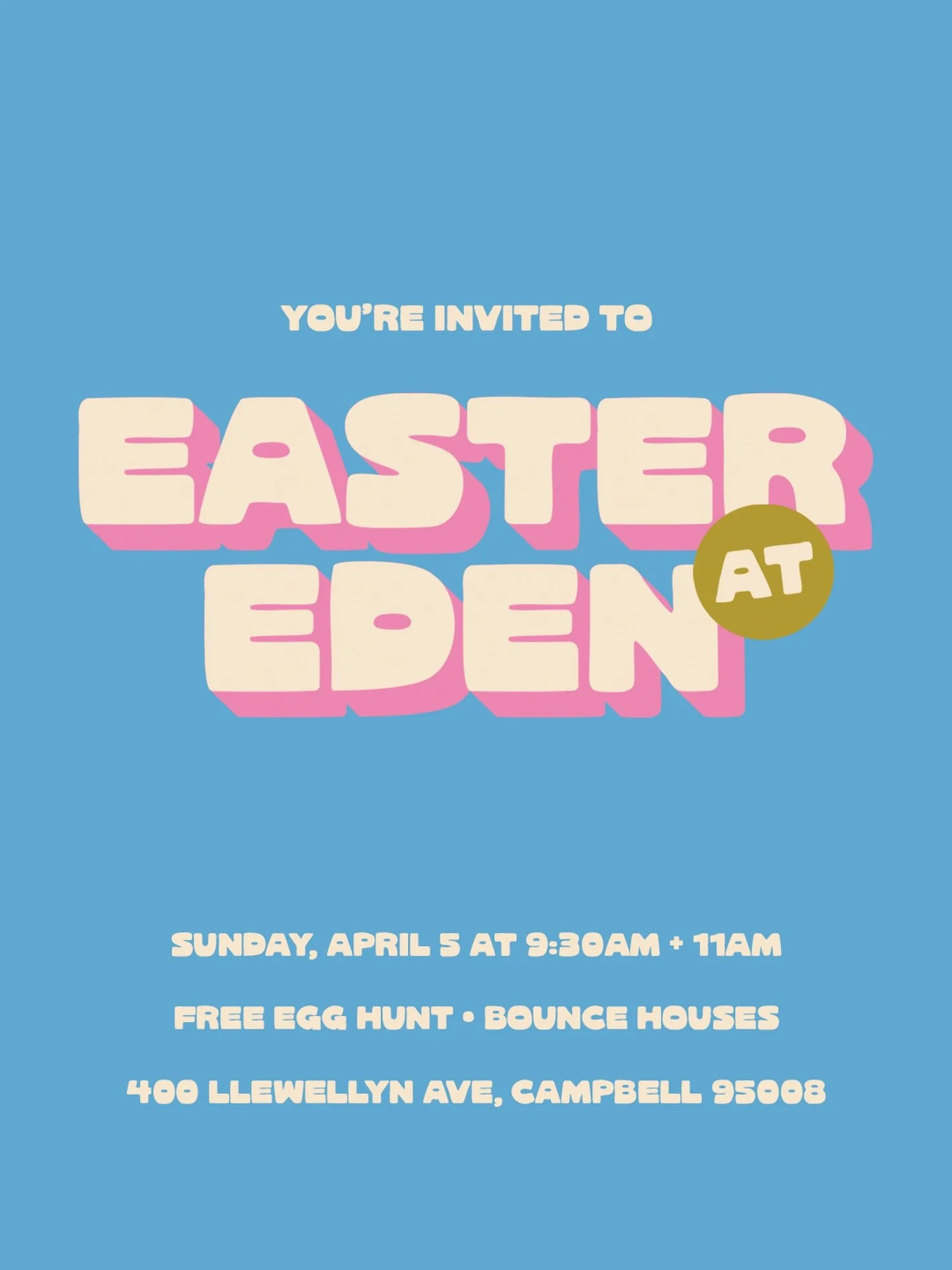 🎉 Can't wait to celebrate Easter with you!

Whether you're new to faith or looking for community, you're welcome at EDEN.

Families, check out the EDEN Kids Egg Hunt at 9:30am + 11am!
&bull;
&bull;
Easter at EDEN
Sunday, April 5 at 9:30am + 11am
400