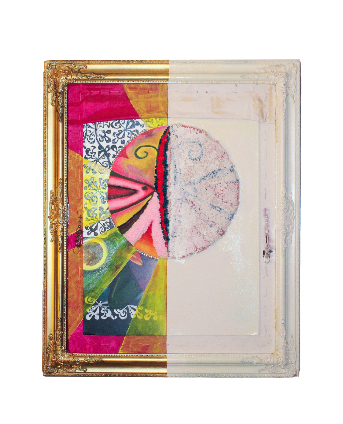 La Mitad (The Middle) // Yarn, Oil, Acrylic, Fabric, Jewelry, 2024