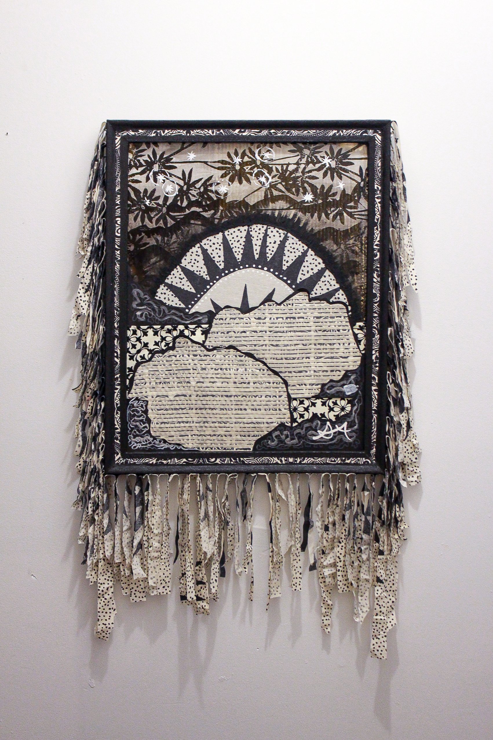 TWO SILHOUETTES // Binding Tape, Wallpaper, Shower Curtain, Acrylic Paint, Paper, Fabric, 2025