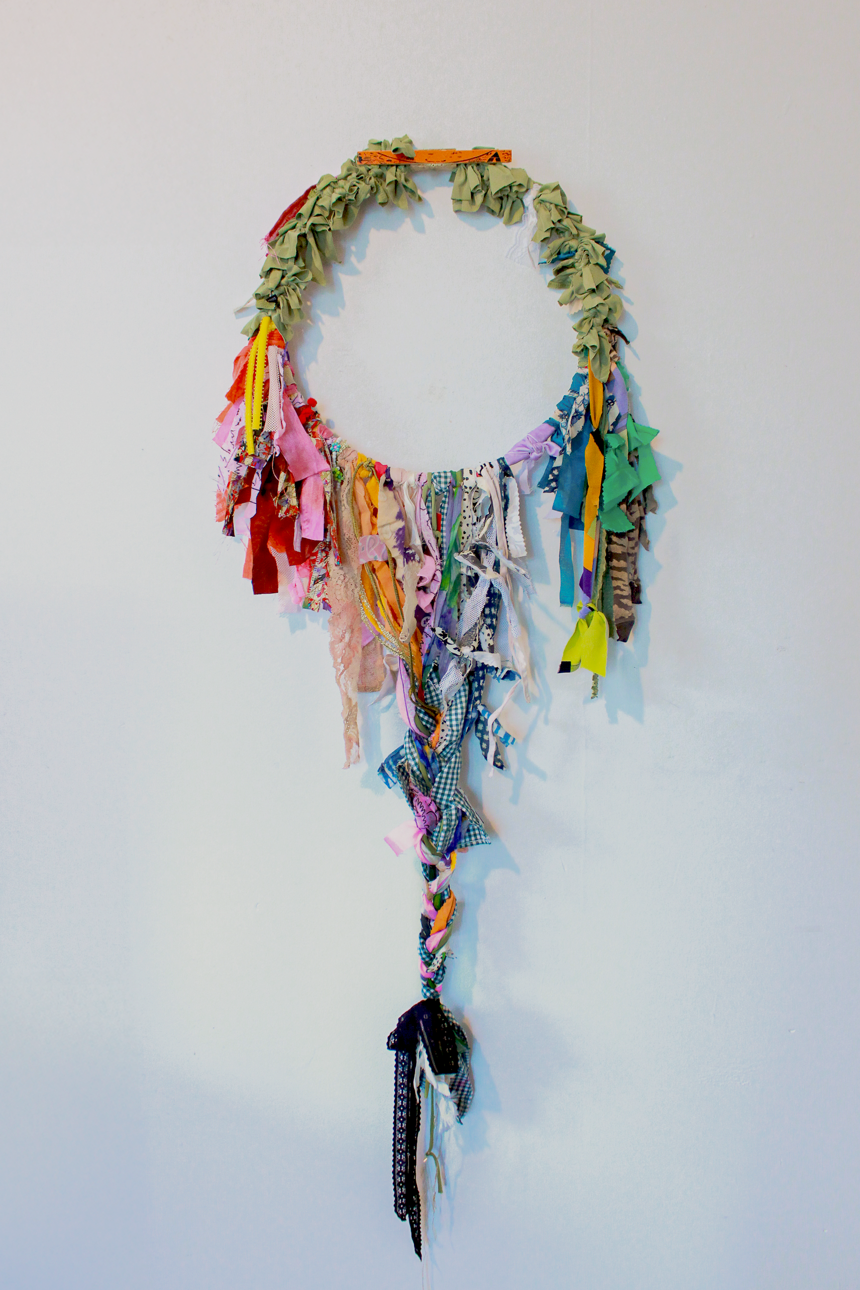 WREATH GENDER MARKER // Cut up clothing on wooden frame, 2026