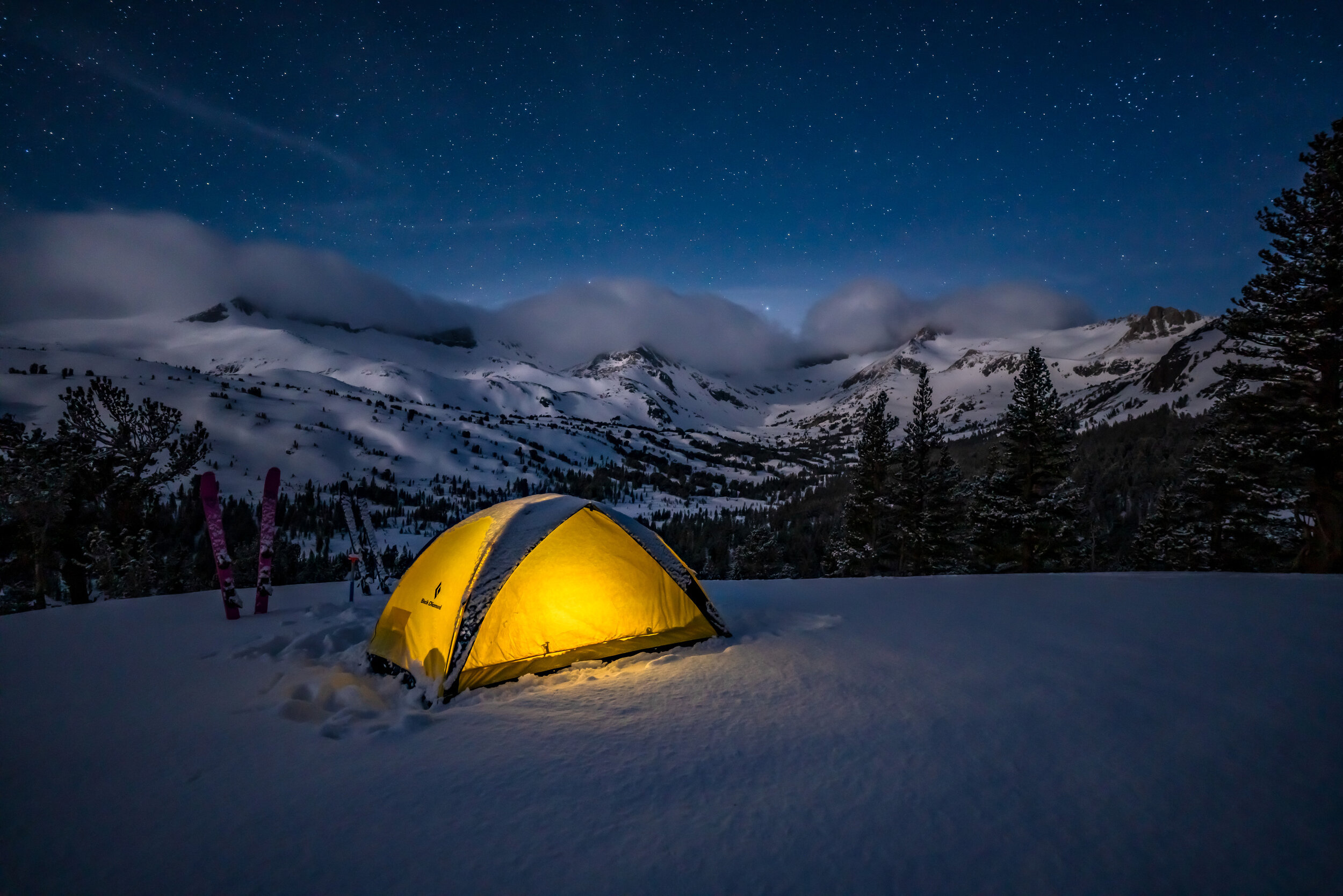  A long winters night. Camp with White Peak and Mt. Conness in the distance. 