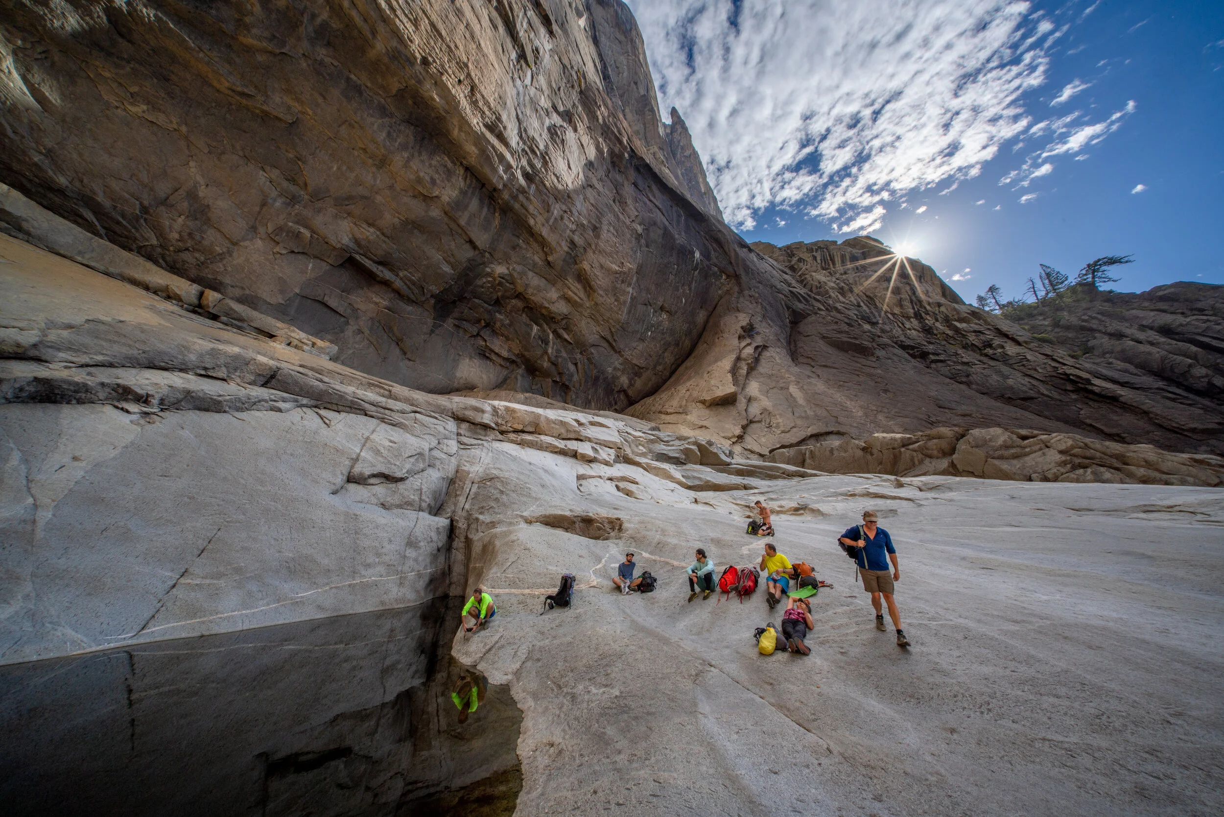  Resting at the base of Upper Yosemite Falls after the approach. The Lost Arrow Spire can be seen high above. 
