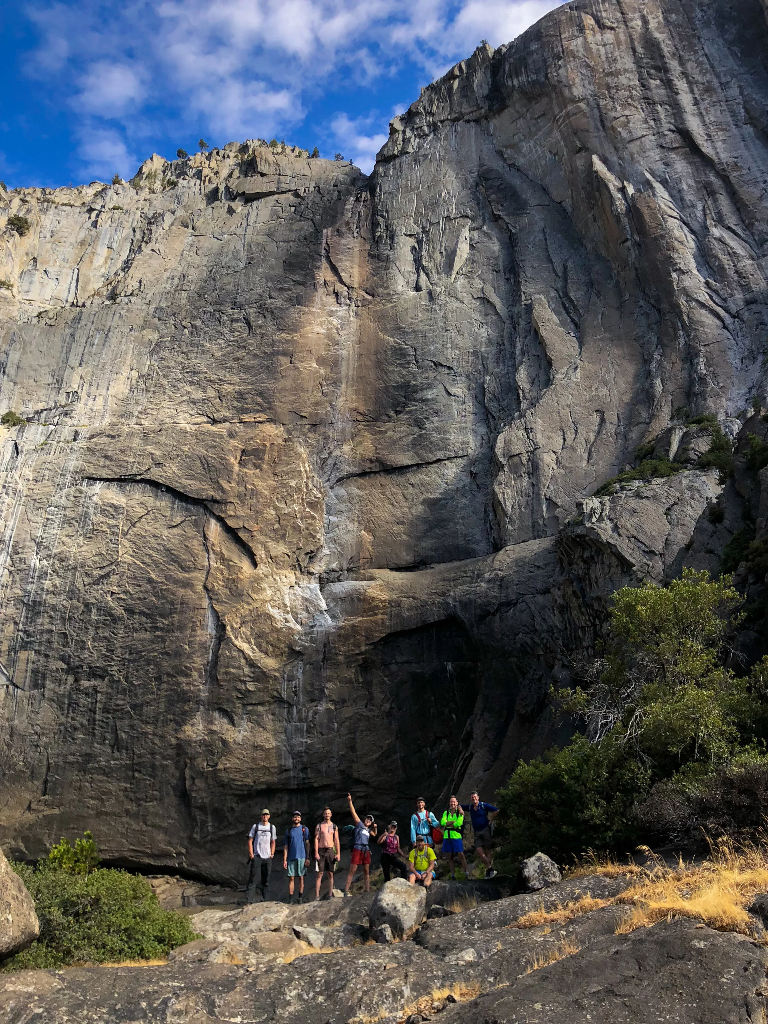  Group shot at the very base of Upper Yosemite Falls. In Spring and Summer this area is pounded by the thunderous water from above.  