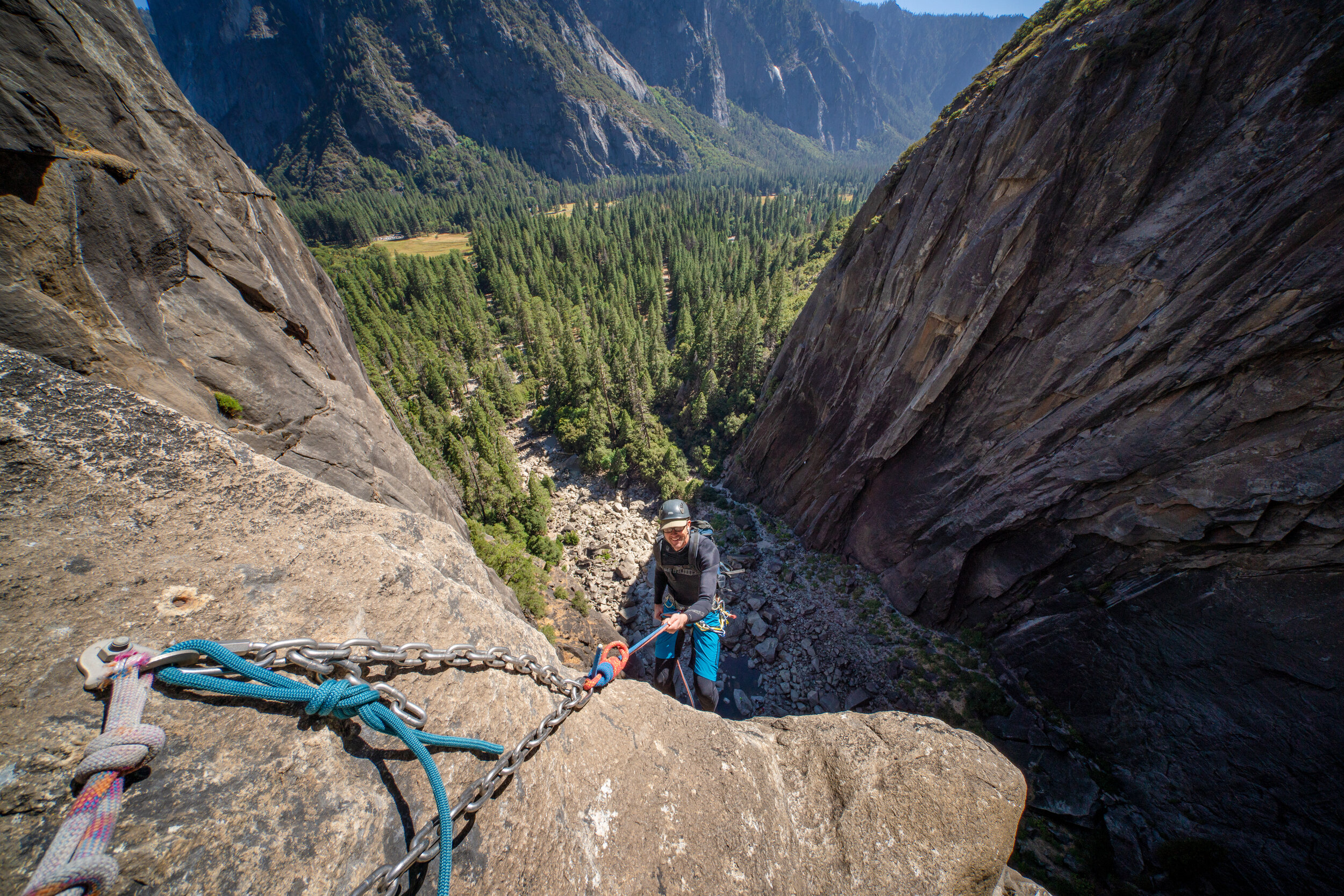  Markus descends the 350 foot face of Lower Yosemite Falls. 