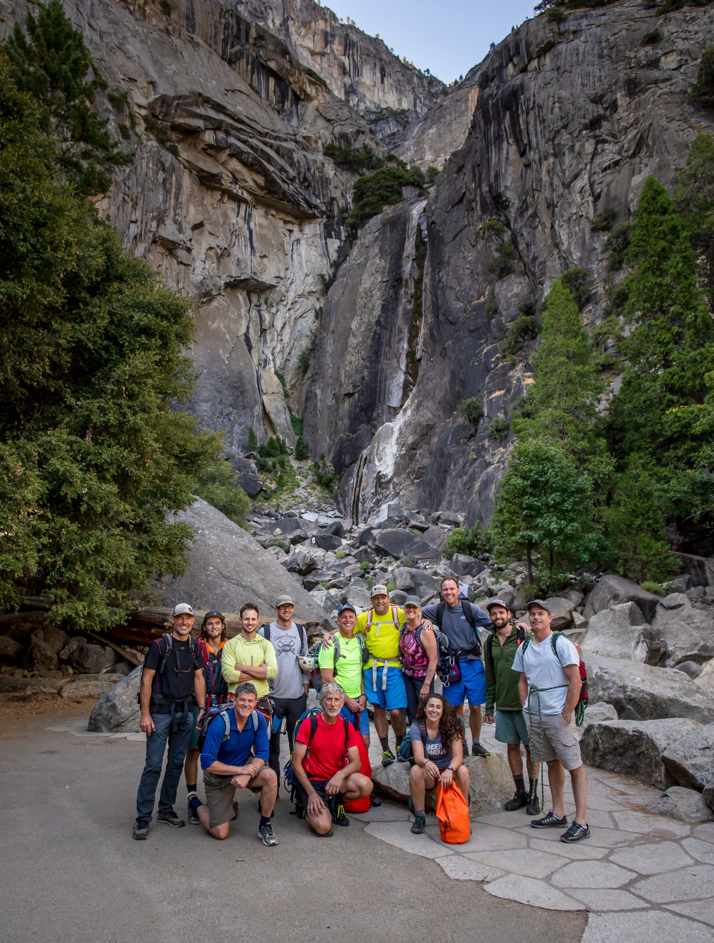  The crew at the base of Lower Yosemite Falls. 