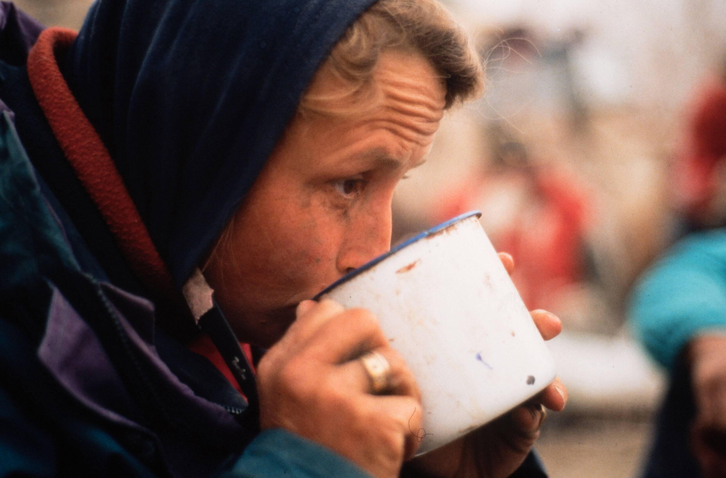  Carolyn enjoys one of the simple pleasures in life, a hard earned quiet moment enjoying a hot cup of tea.  