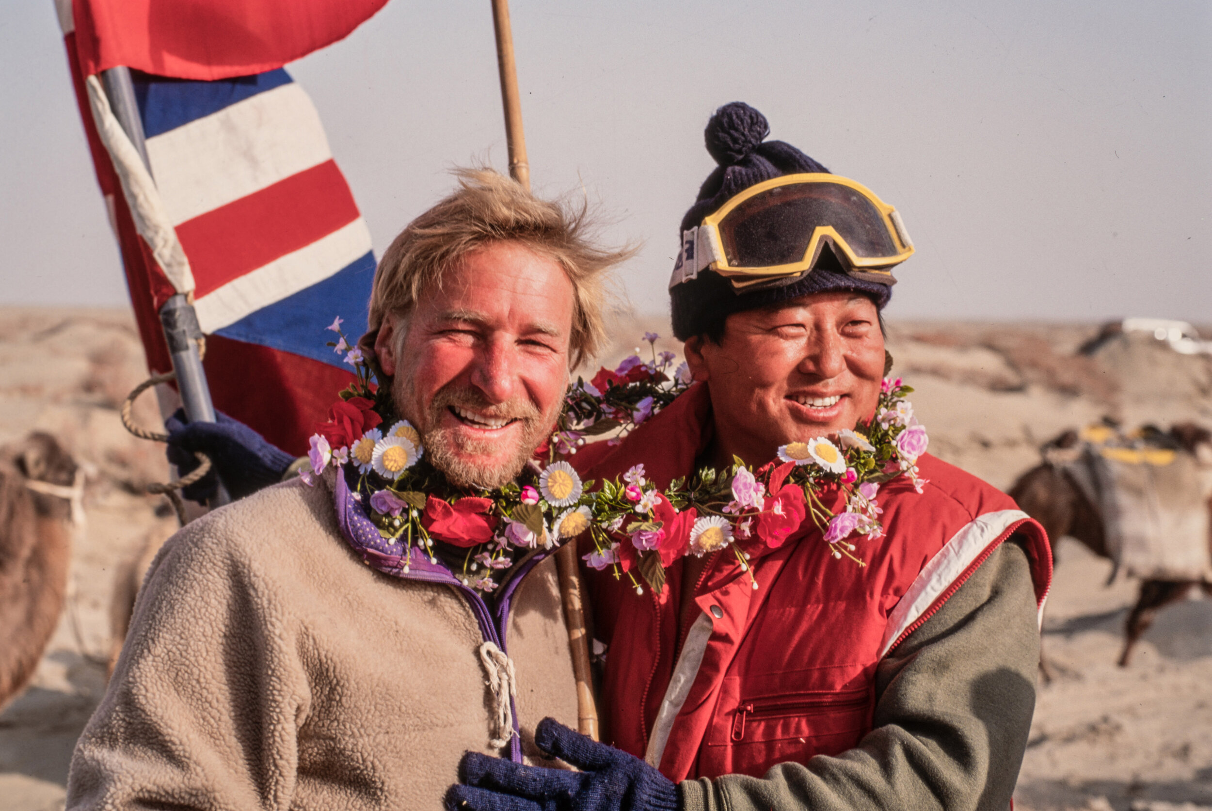  Charles and Gwo celebrate the completion of the first ever crossing of the Taklamakan Desert. 
