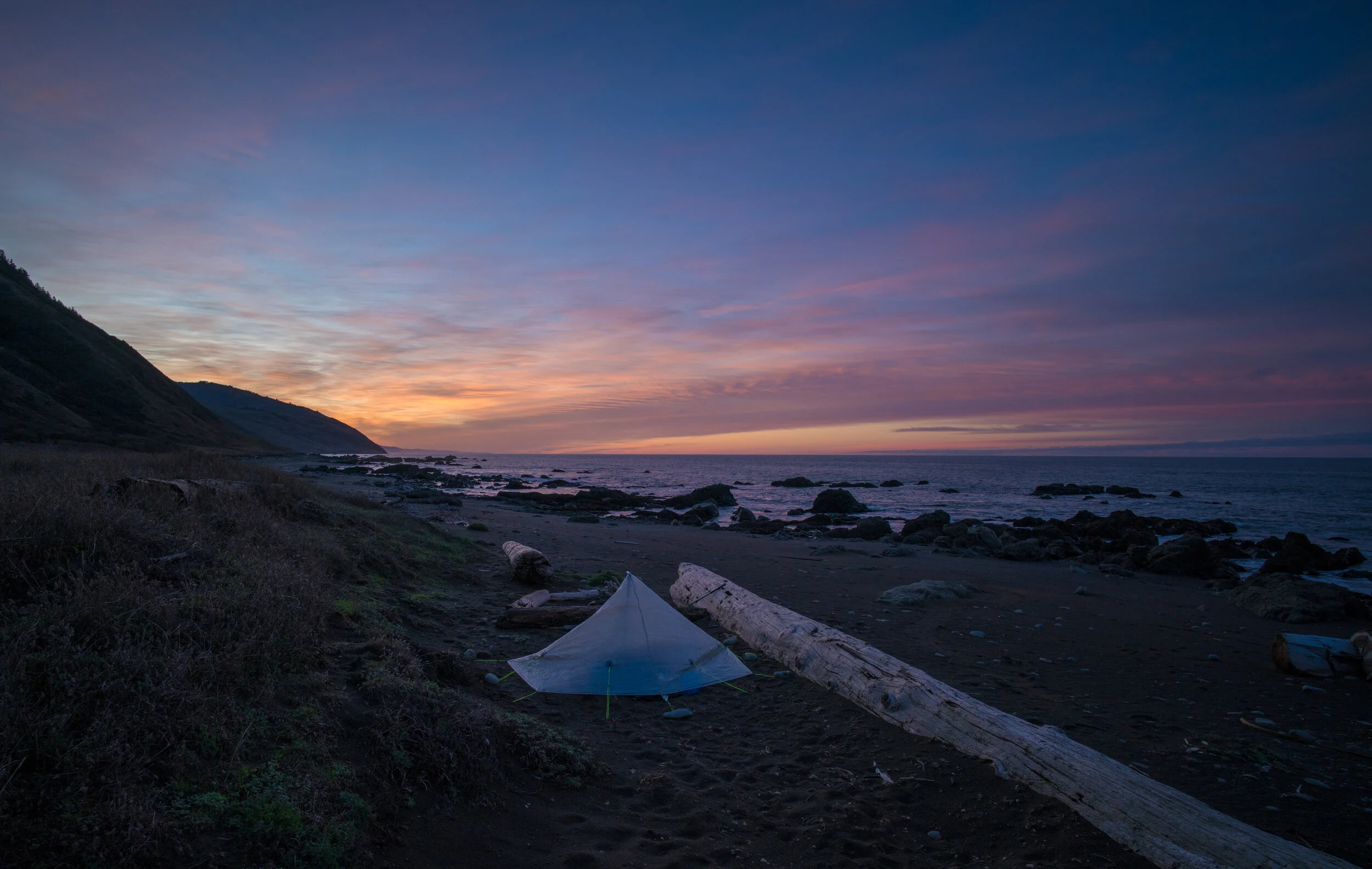  Scott’s ultralight tent at Camp 1 on the beach near Punta Gorda Lighthouse. The guttural sounds of elephant seals entertained us all night.  