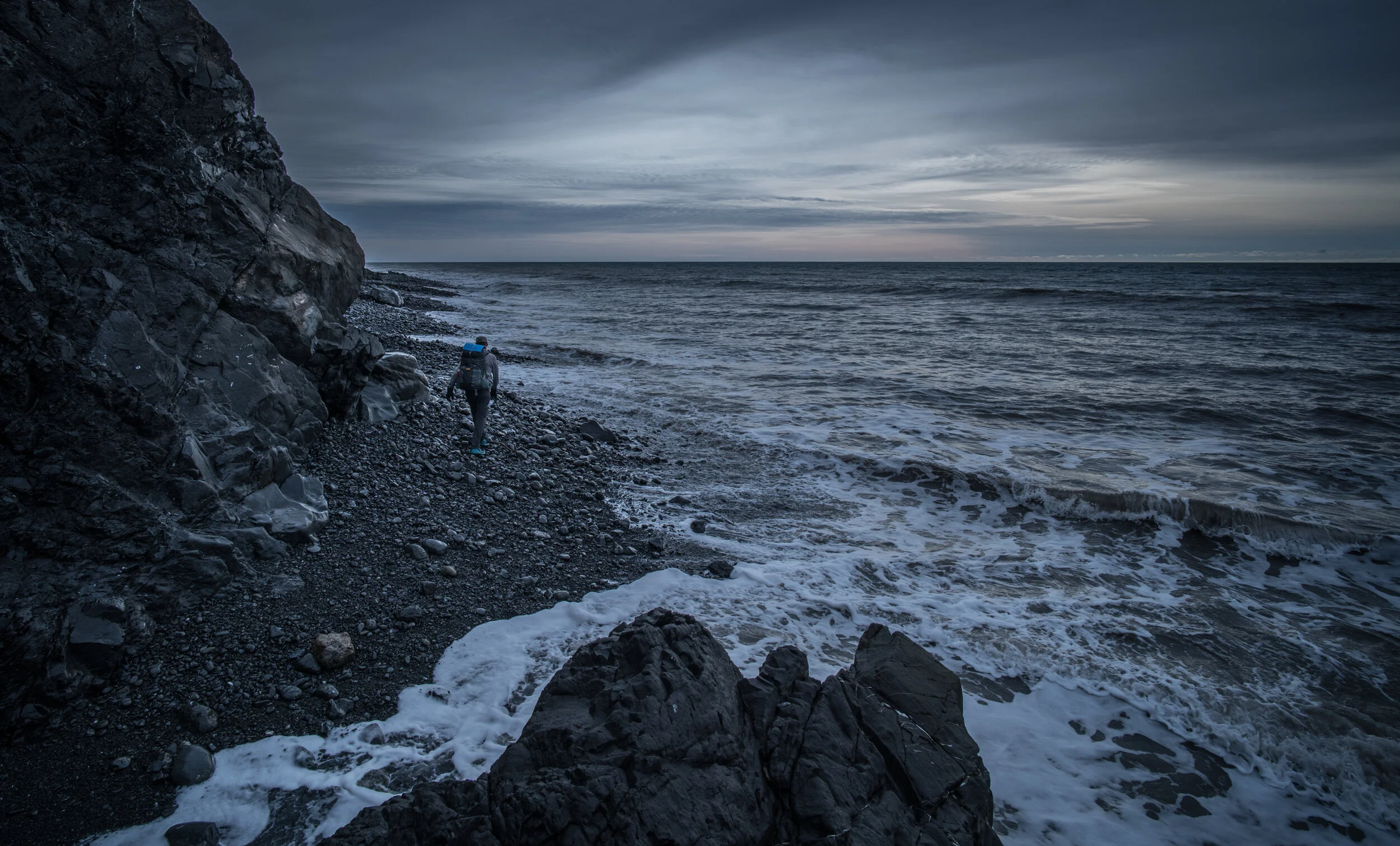  On day two we crossed the Northern 4 mile stretch of no trail zone on a receding tide. It was this stretch of coast that would radically change in 24 short hours but today it was somewhat tranquil with rain forecasted starting in the evening. 
