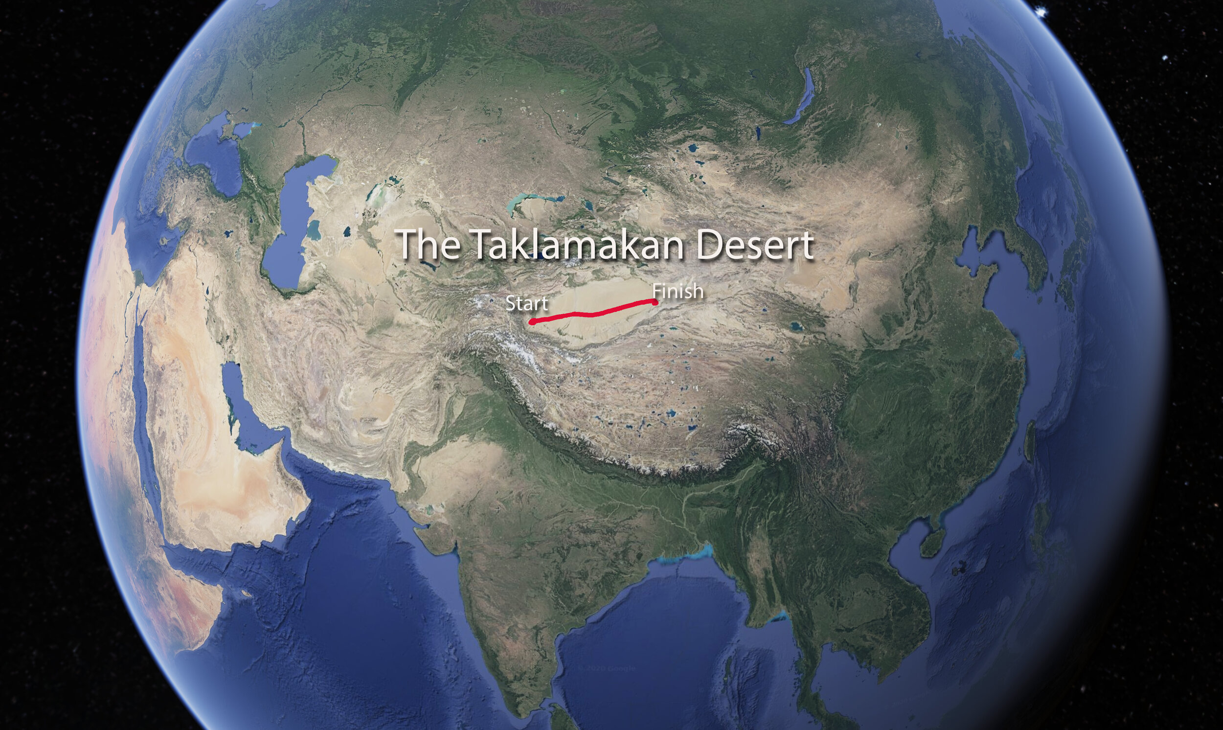  Visually the Taklamakan Desert is a very distinct geologic feature on the globe. It is known as the land farthest from the sea and its name translates to “You go in but you don’t come out.” The red line marks our 780 mile route. 
