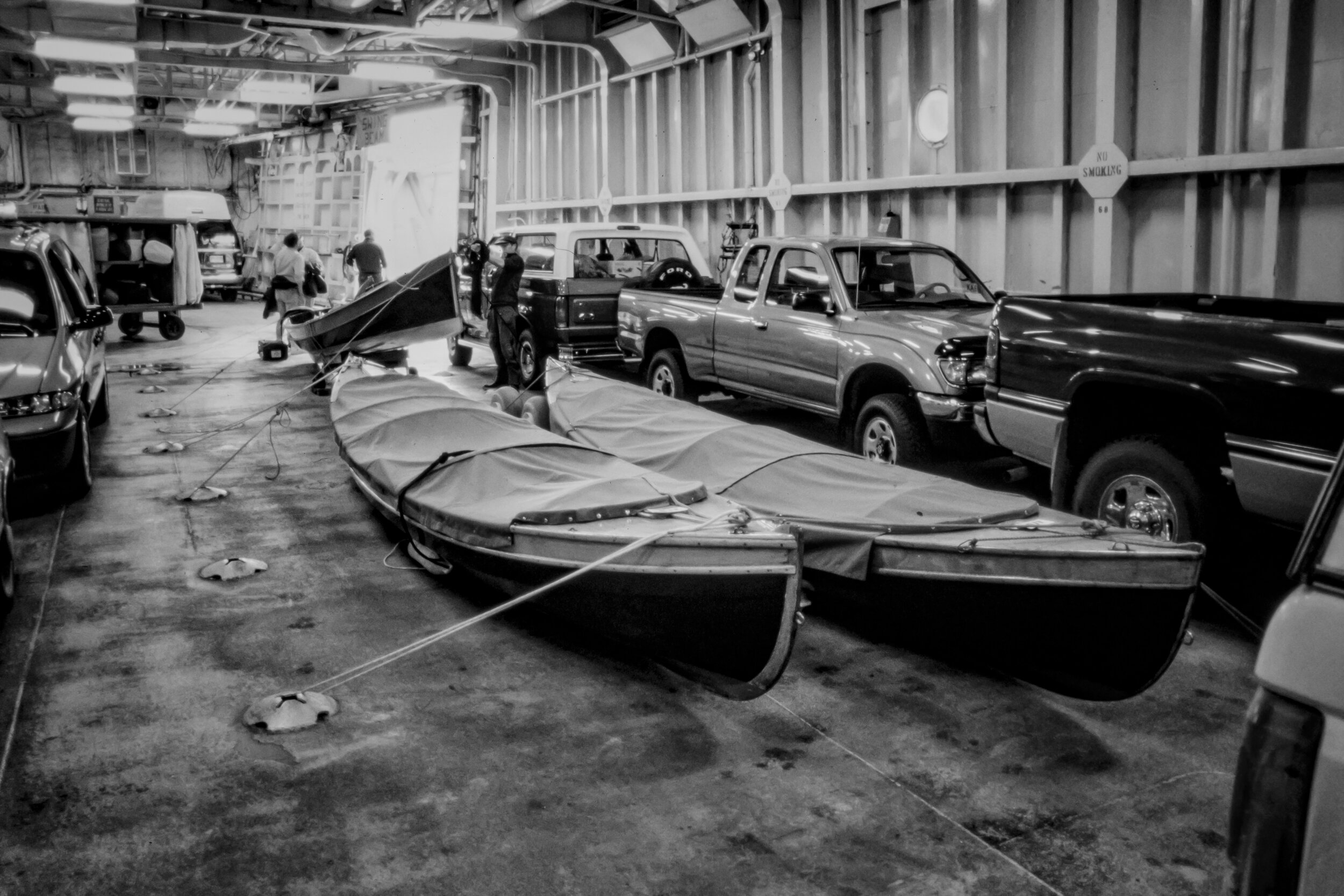  We secured the boats inside the ferry’s vehicle deck. 