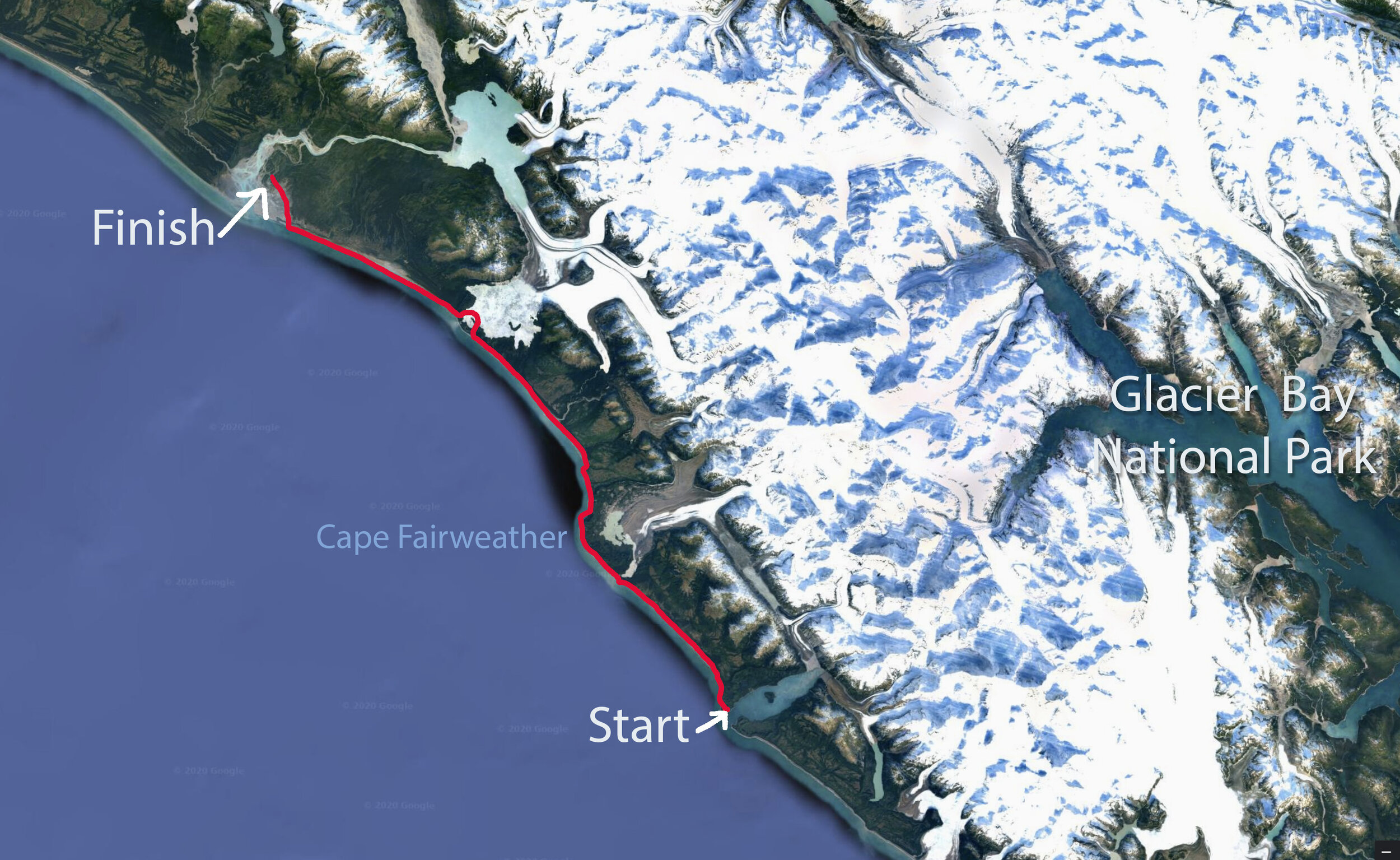  We started in Lituya Bay after being dropped off by bush planes. We hiked the coastline northwest for approximately 60 miles to reach a remote dirt airstrip at the mouth of the Alsek River. In this  Google Earth image you can see the massive Fairwea