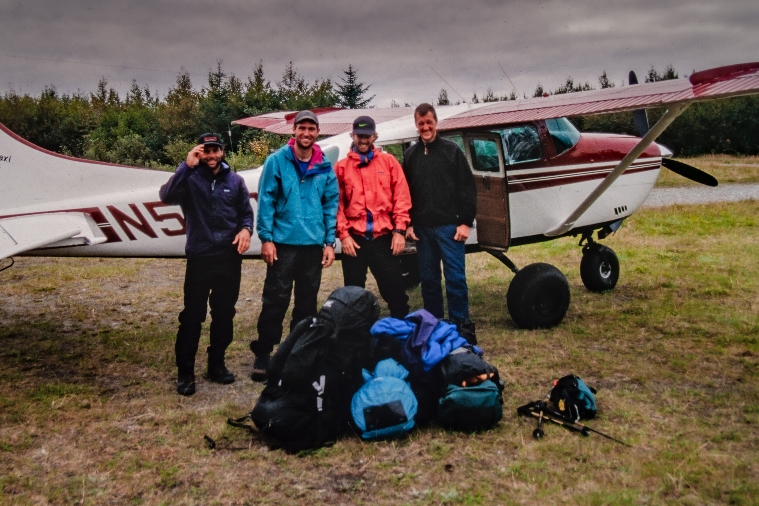  From the left, Viju, myself, Tom and Rupert arrive at the remote airstrip at Dry Bay and board our bush plane that will take us back to Yakutat. The pilot told us that we were the first party in 4 or 5 years that completed the Cape Fairweather trave