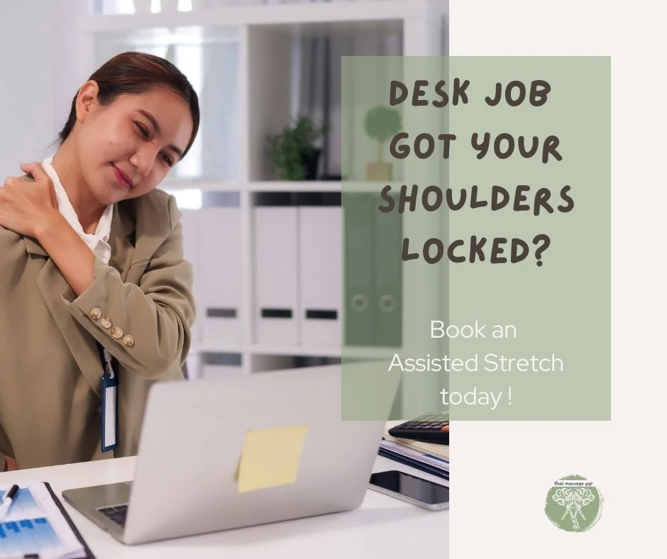 Desk job got your shoulders locked?⁠
⁠
Thai Assisted Stretch targets neck, shoulders &amp; upper back with guided, passive stretching.⁠
⁠
 Reduces headaches⁠
 Improves range of motion⁠
 Zero effort required ⁠
⁠
Book now &mdash; your body will thank y