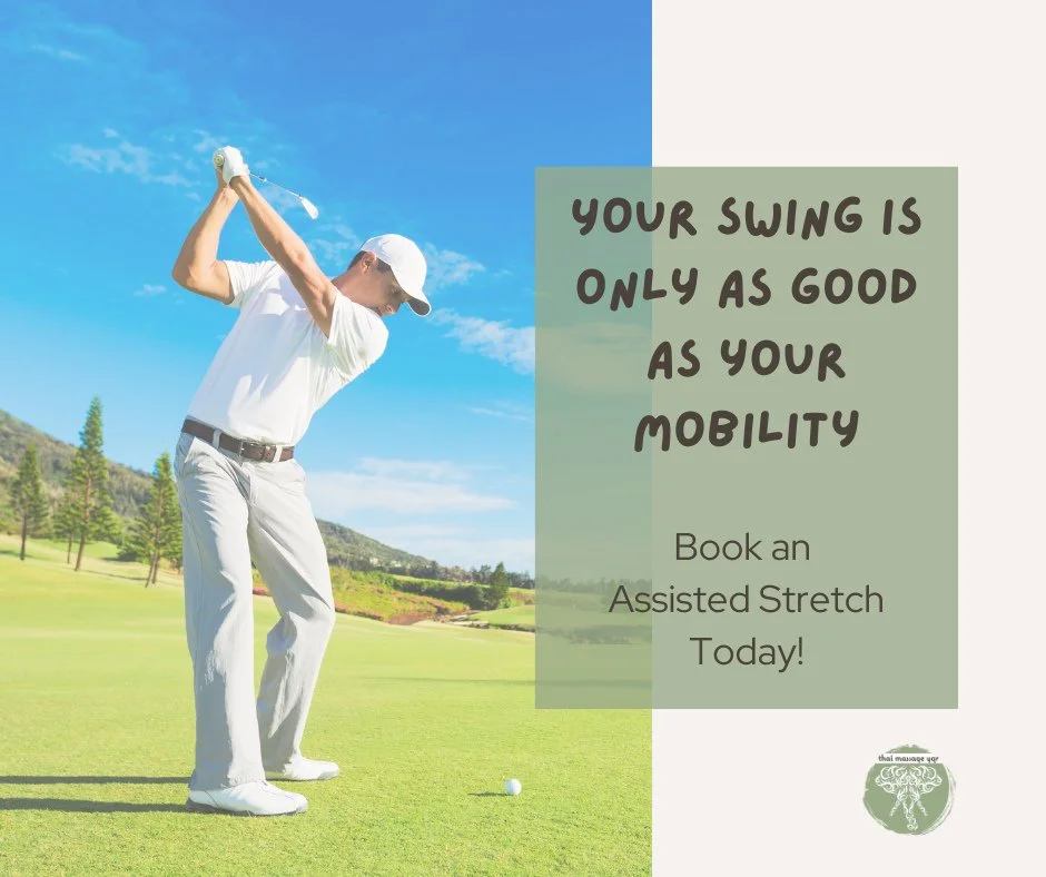 GOLFERS⁠
⁠
Your swing is only as good as your mobility.⁠
⁠
Tight hips.⁠
Stiff shoulders.⁠
Low back tension.⁠
Loss of rotation.⁠
⁠
You do not need to accept feeling tight after every round.⁠
⁠
Thai Massage combines deep pressure with assisted stretchi