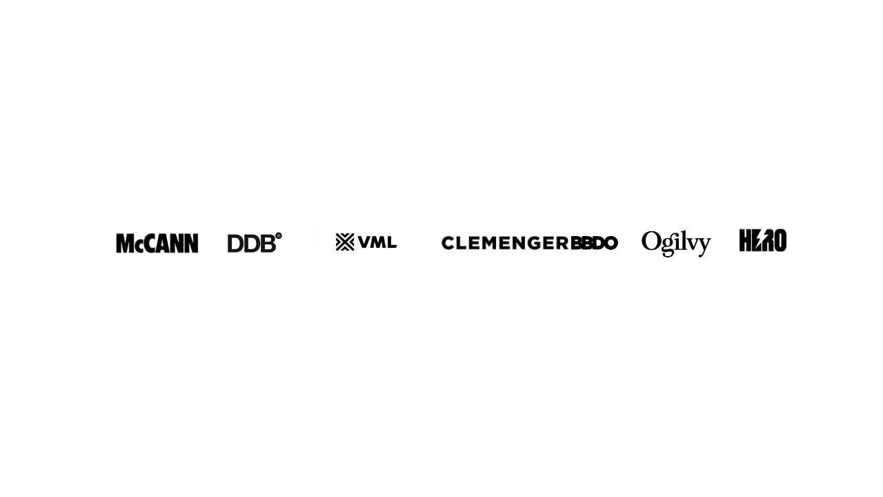 Logos of McCann, DDB, VML, Clemenger BBDO, Ogilvy, and Hako