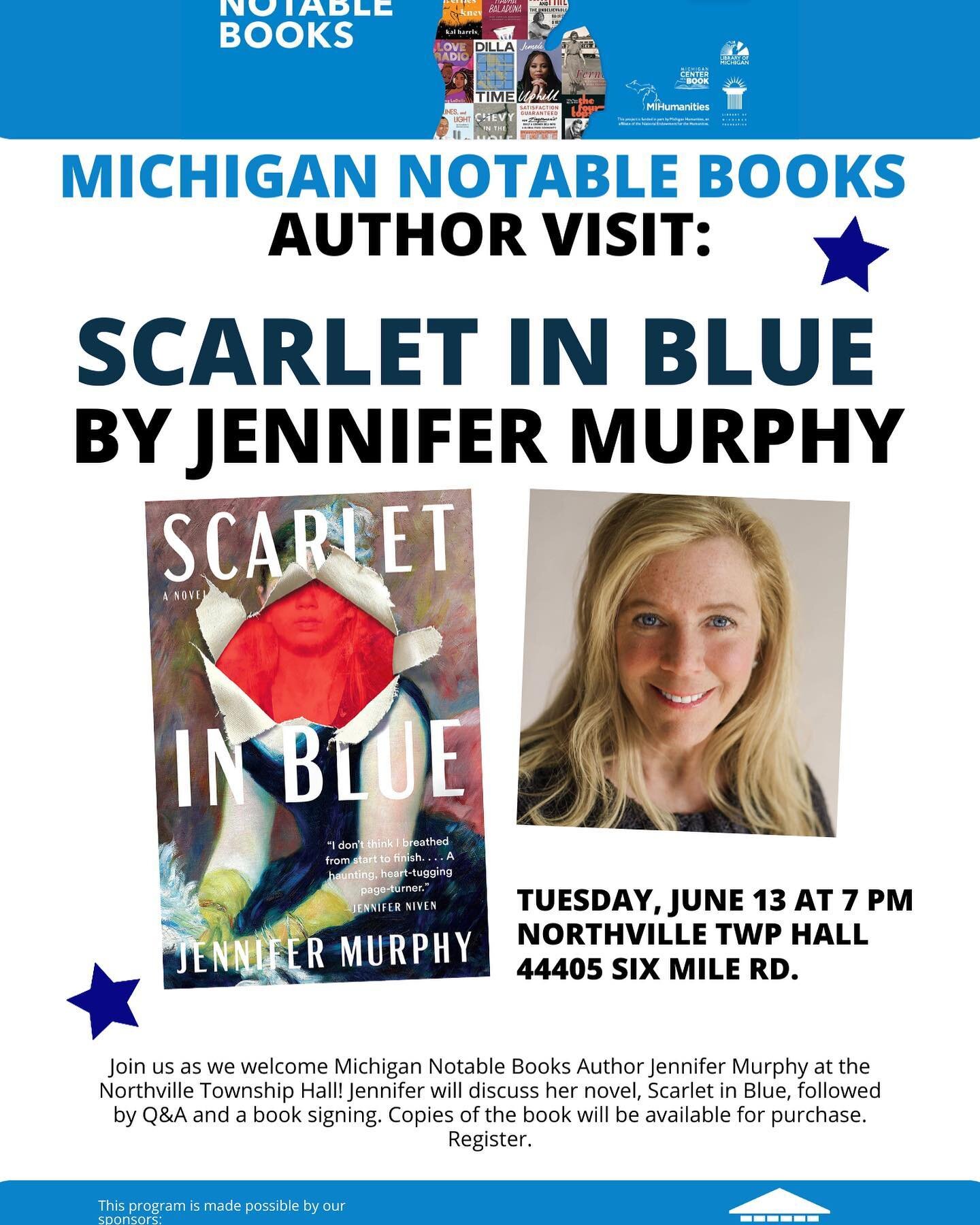 Please join me in Northville Michigan for @michigannotablebooks and the @libraryofmichigan! @duttonbooks @duttonpenguinrandomhouse #scarletinblue