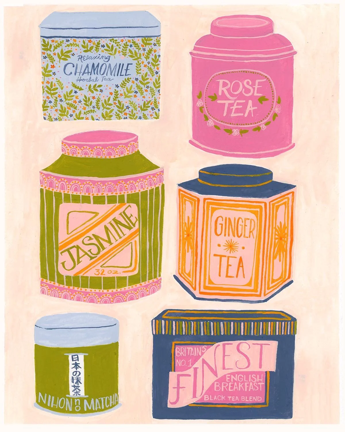 Tea Tins, 2026. Gouache.