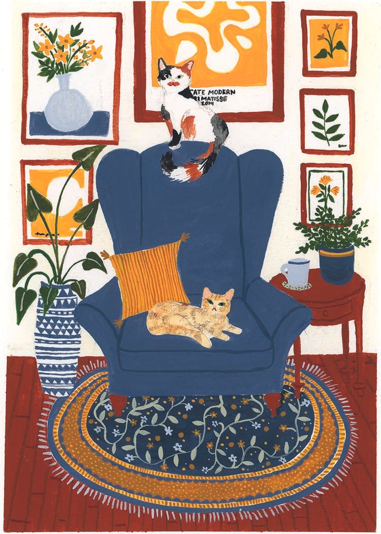 Cats and Chair, 2025. Gouache.