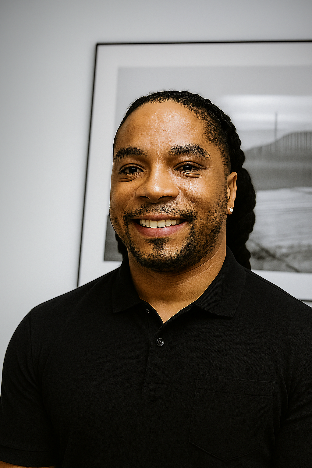 A smiling man in a black suit, white shirt, and black tie, standing in front of a black and white framed photograph on a gray wall.