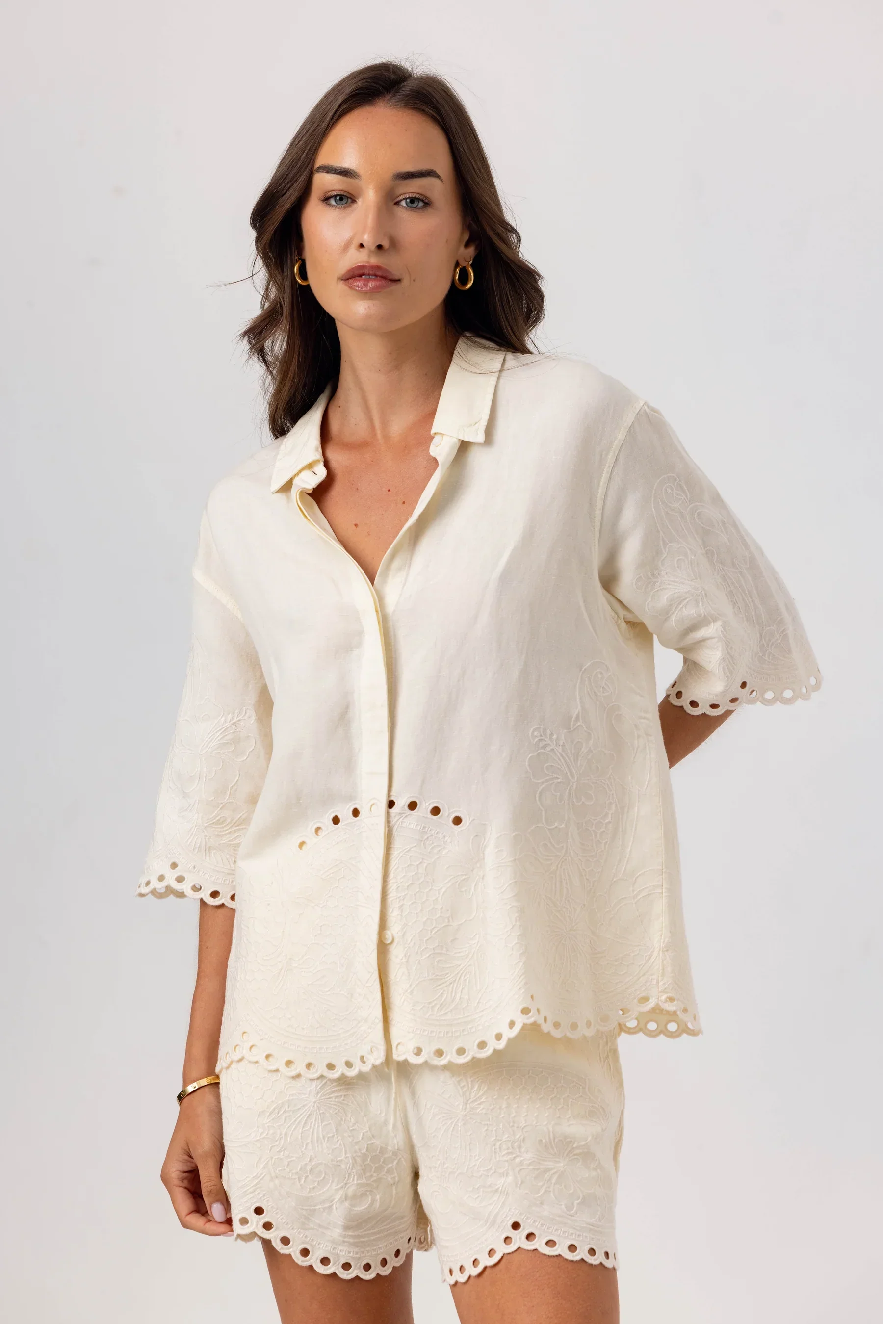 Washed Linen Embroidered Button Up