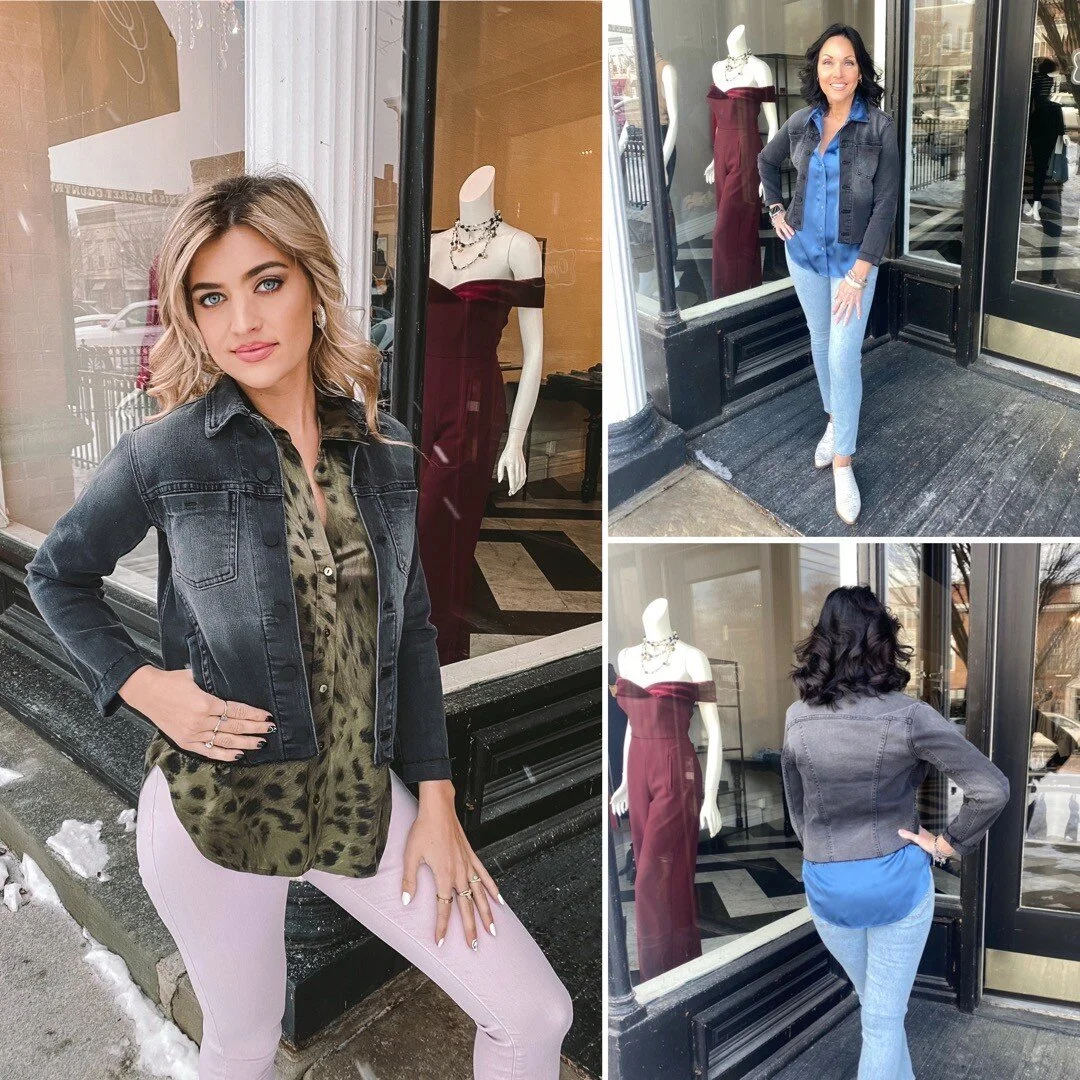 Our new slightly destructed off black jean jacket makes any ensemble a little chicer. Love the raw hemline. The perfect layering piece for the cooler days of spring. Available in store or purchase online at www.viviankate.com