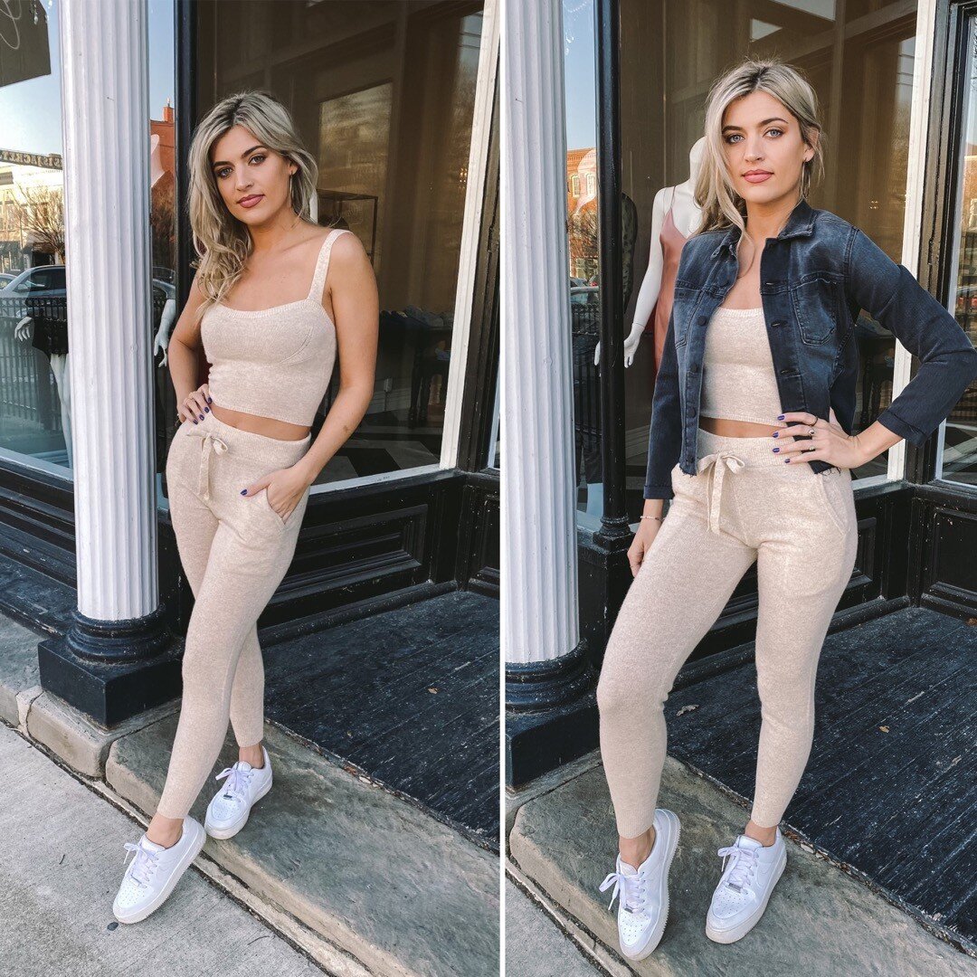 Our cashmere joggers paired with our matching cami is the perfect pick me up for a Monday. This is a gorgeous lounge set to pack on vacation. It&rsquo;s so comfortable and cozy but looks so luxurious on, as well. Pair it with slides or tennis shoes f