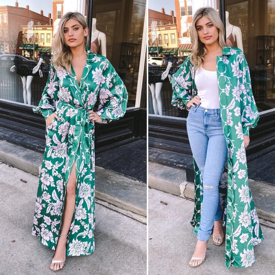 I&rsquo;m in love with the glamour of this piece. It makes for a show stopping dress or a stunning duster paired with denim. Whether your dressing up for an event or going a little more casual, these are both head turning, beautiful looks. I can&rsqu