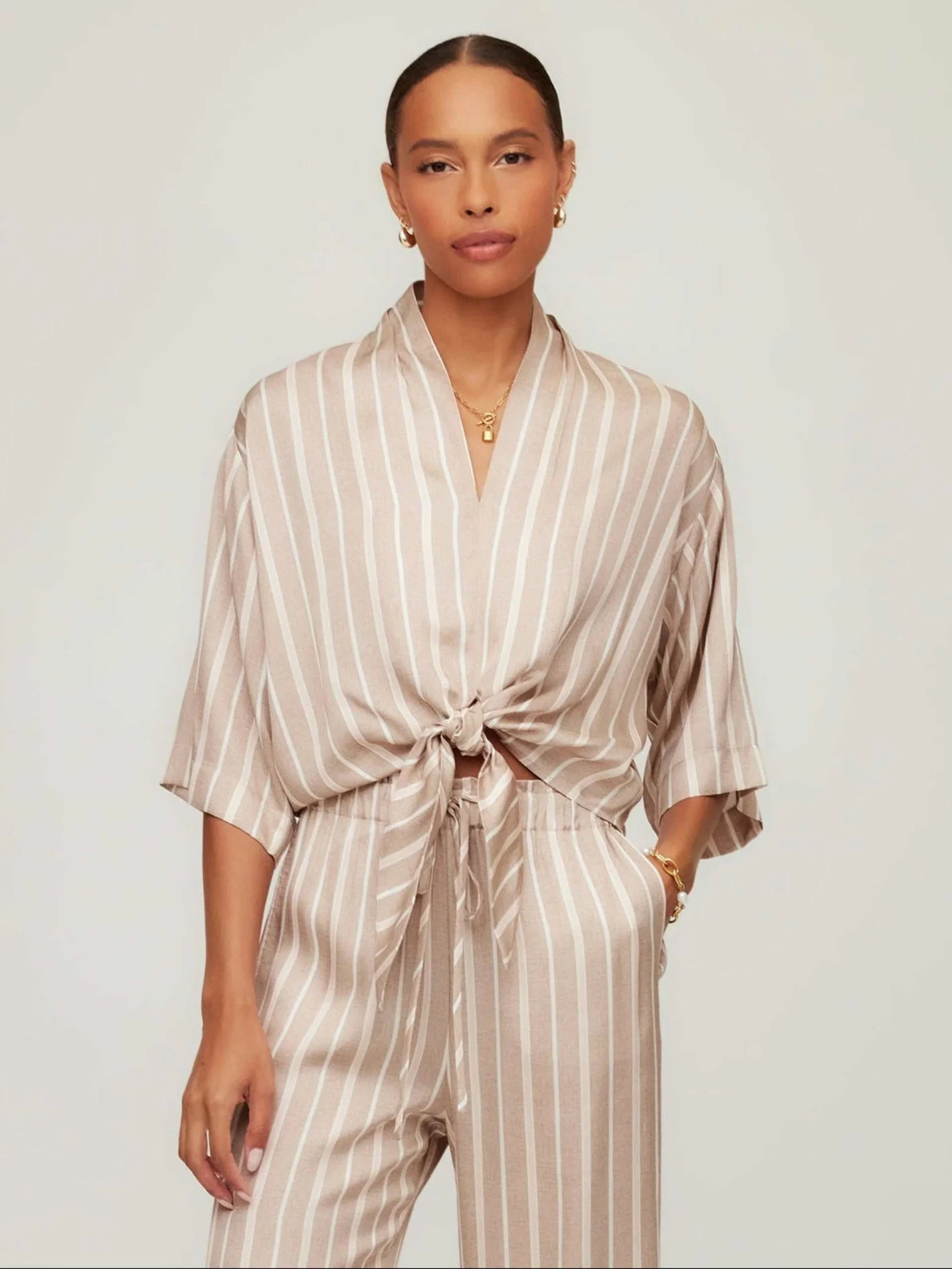 Pink, Taupe, and White Striped Tie Front Blouse