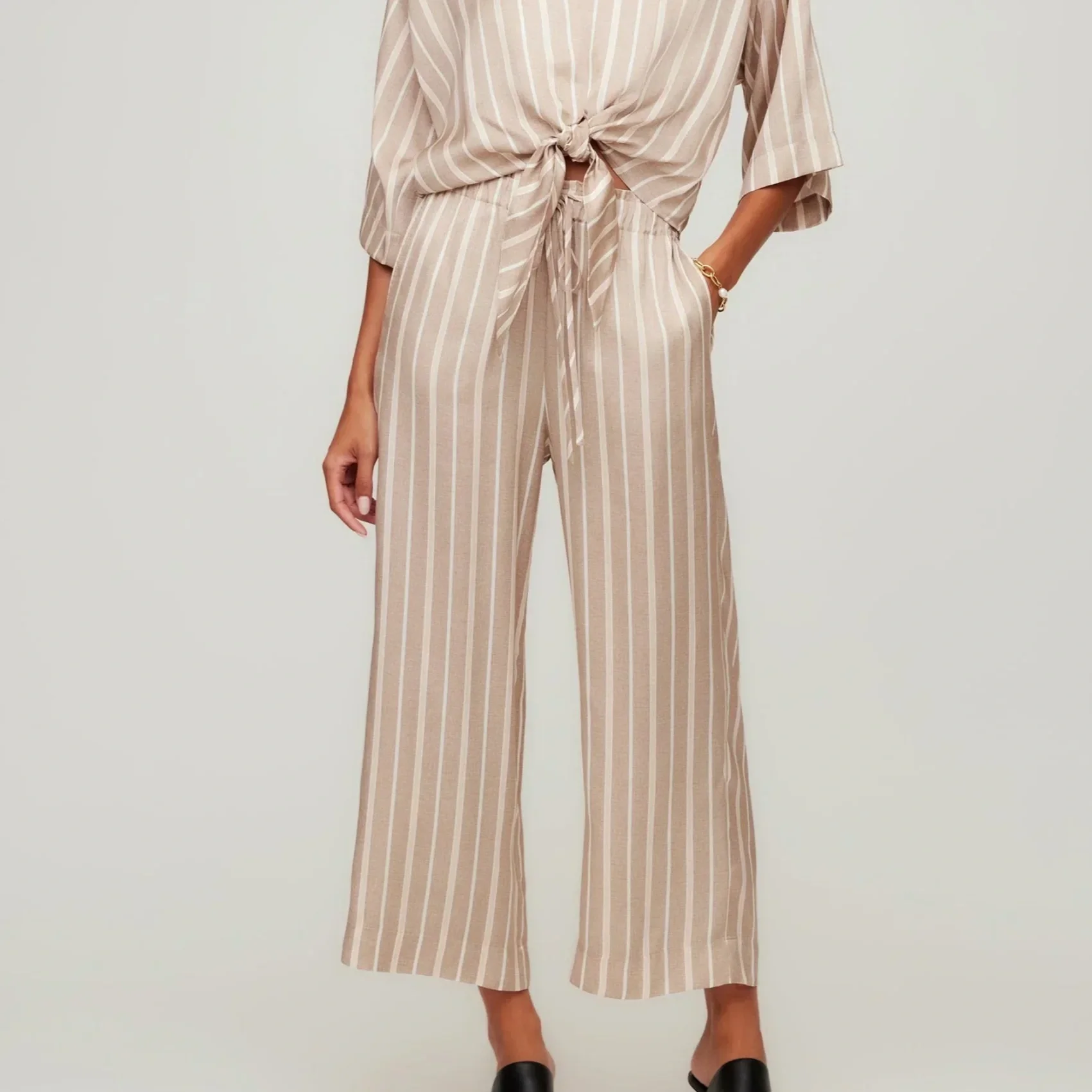 Pink, Taupe, and White Striped Cropped Trouser