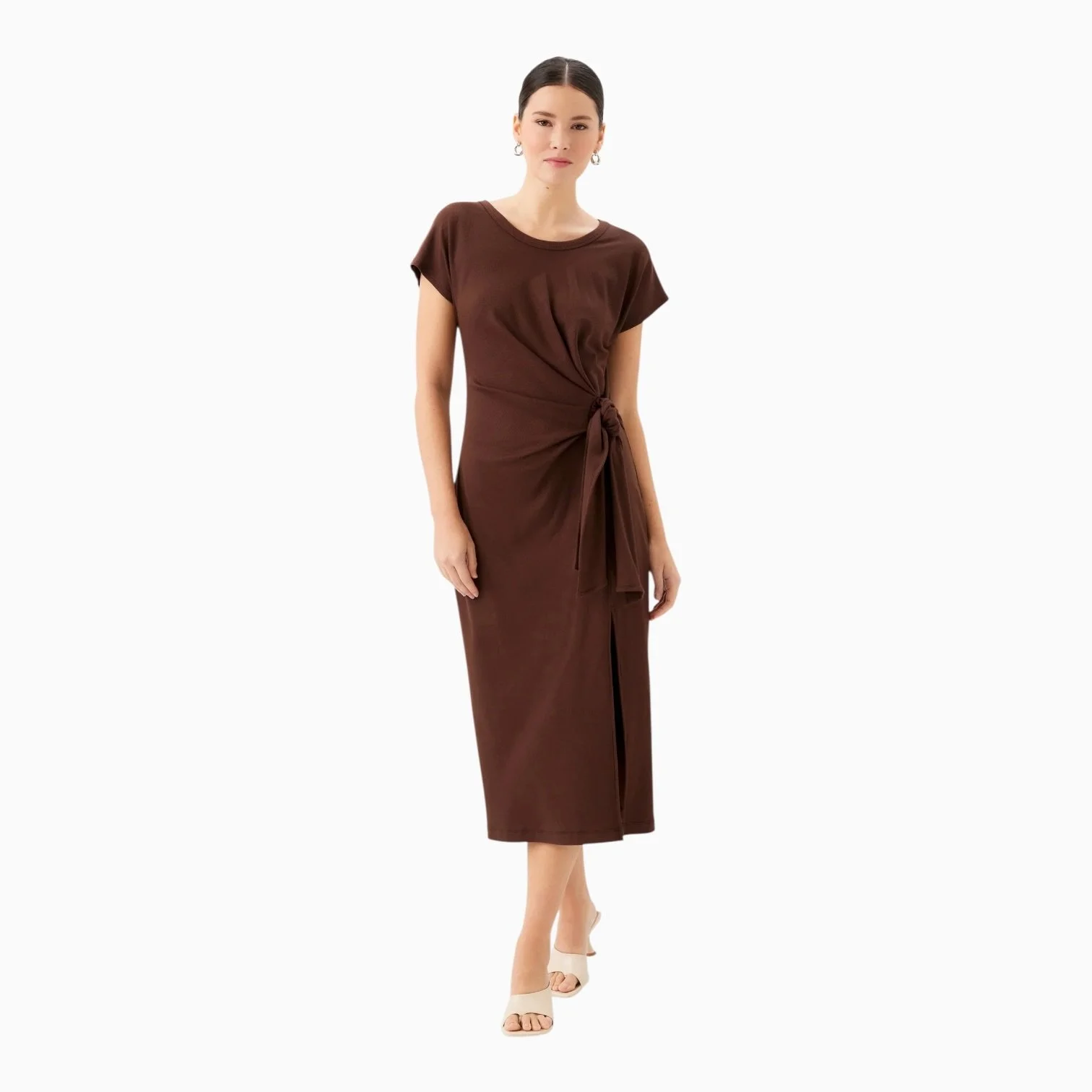 Brown Ribbed Side Knot Midi Dress