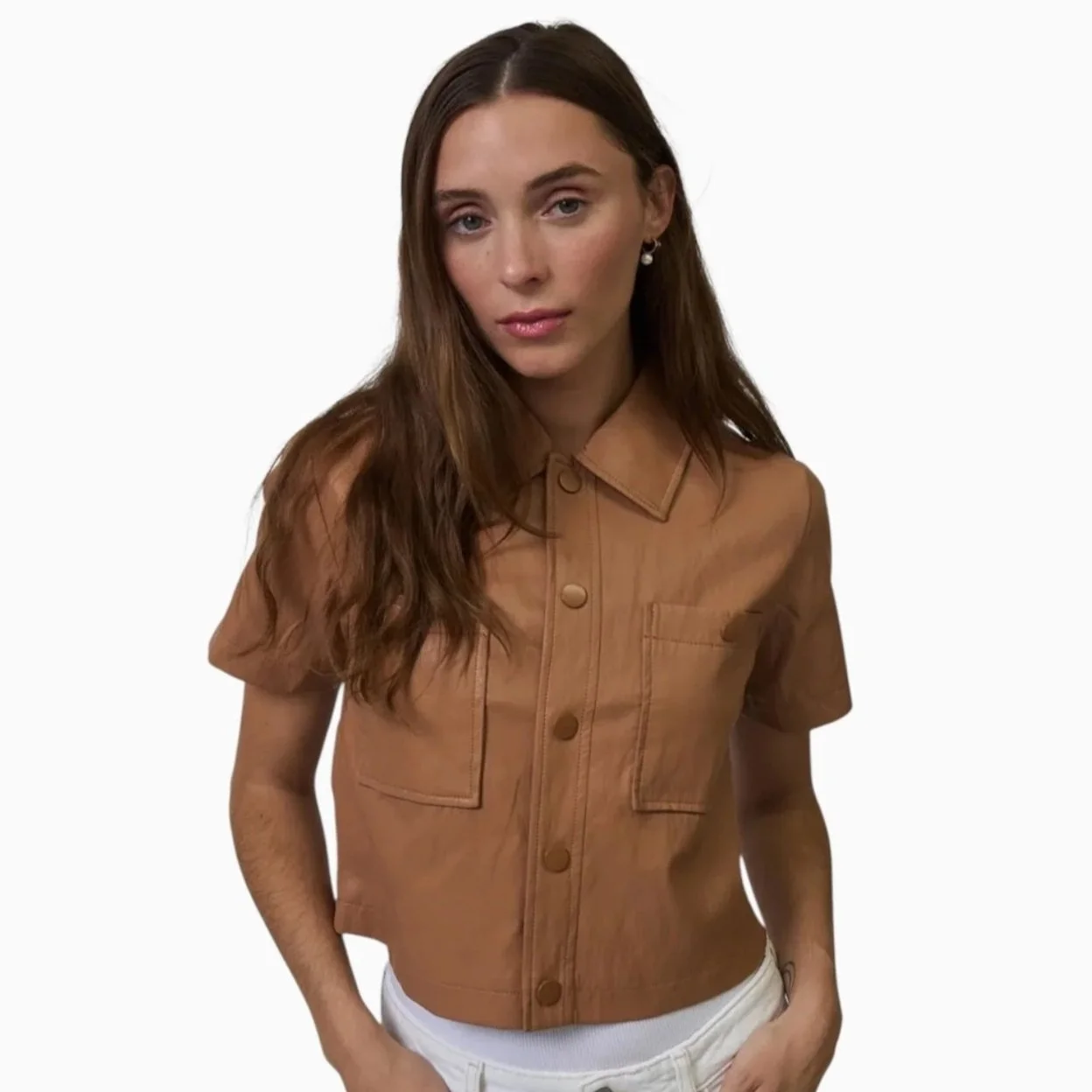 Brown Vegan Leather Cropped Short Sleeve Jacket