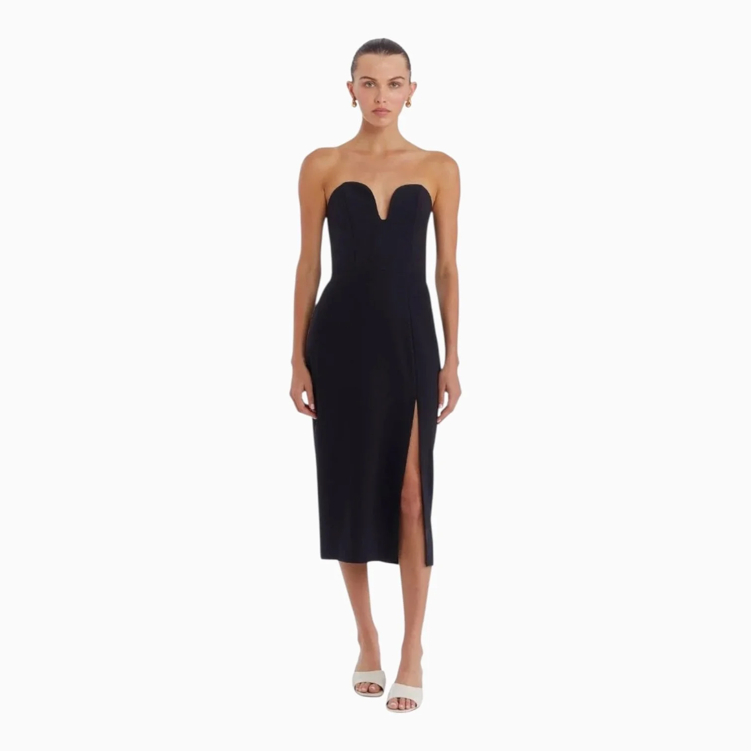 Black Sweetheart Plunge Midi Dress with Slit