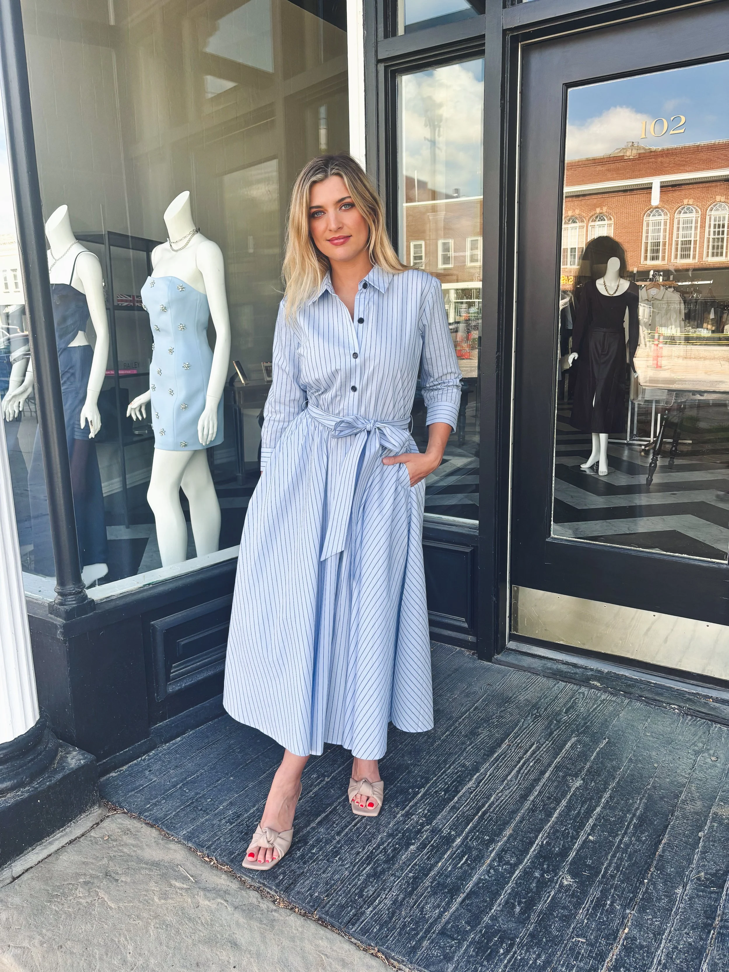 Light Blue Striped 3/4 Sleeve Midi Dress