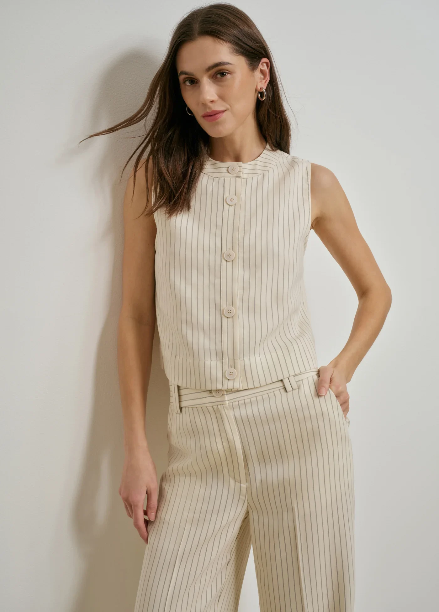 Cream Pinstripe Sleeveless Button Up Top