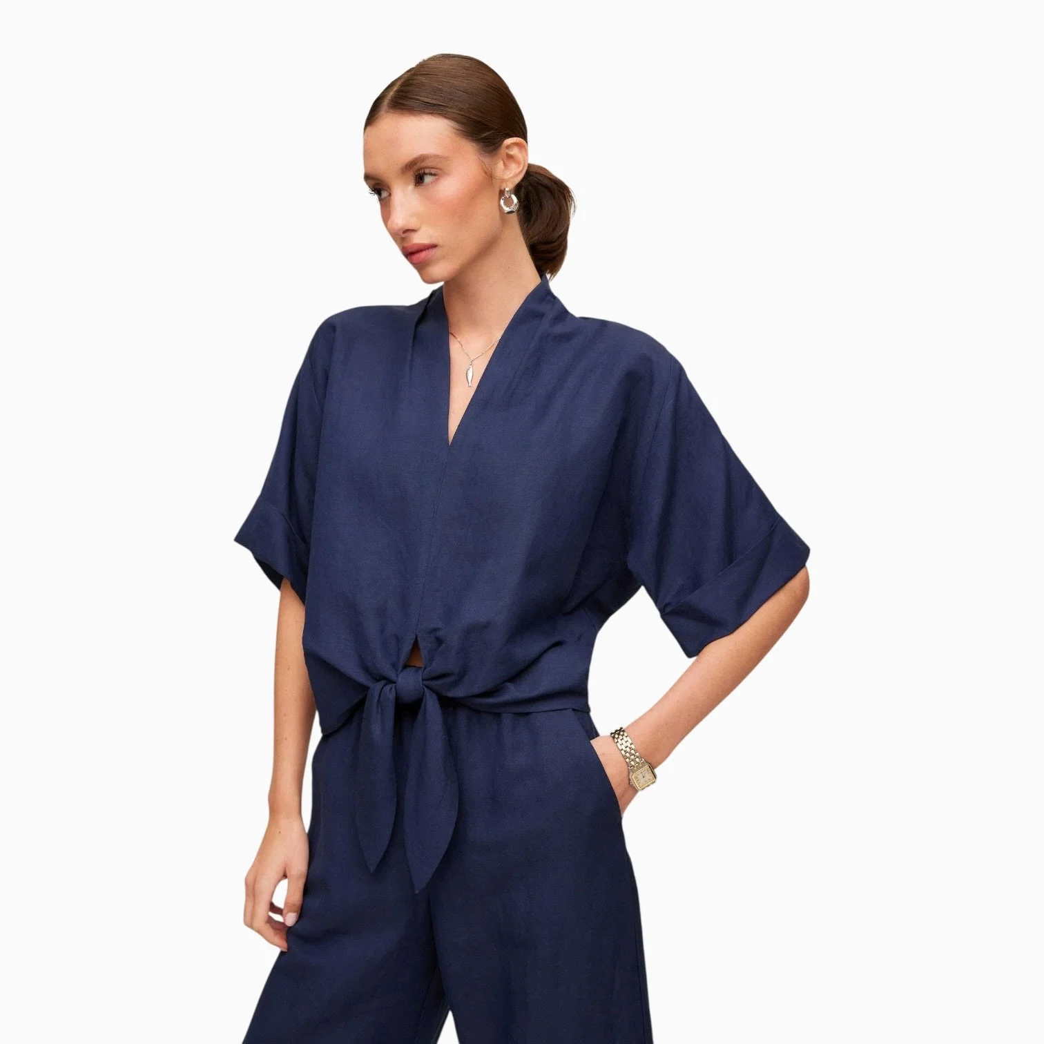 Navy Cuffed Short Sleeve Tie Blouse